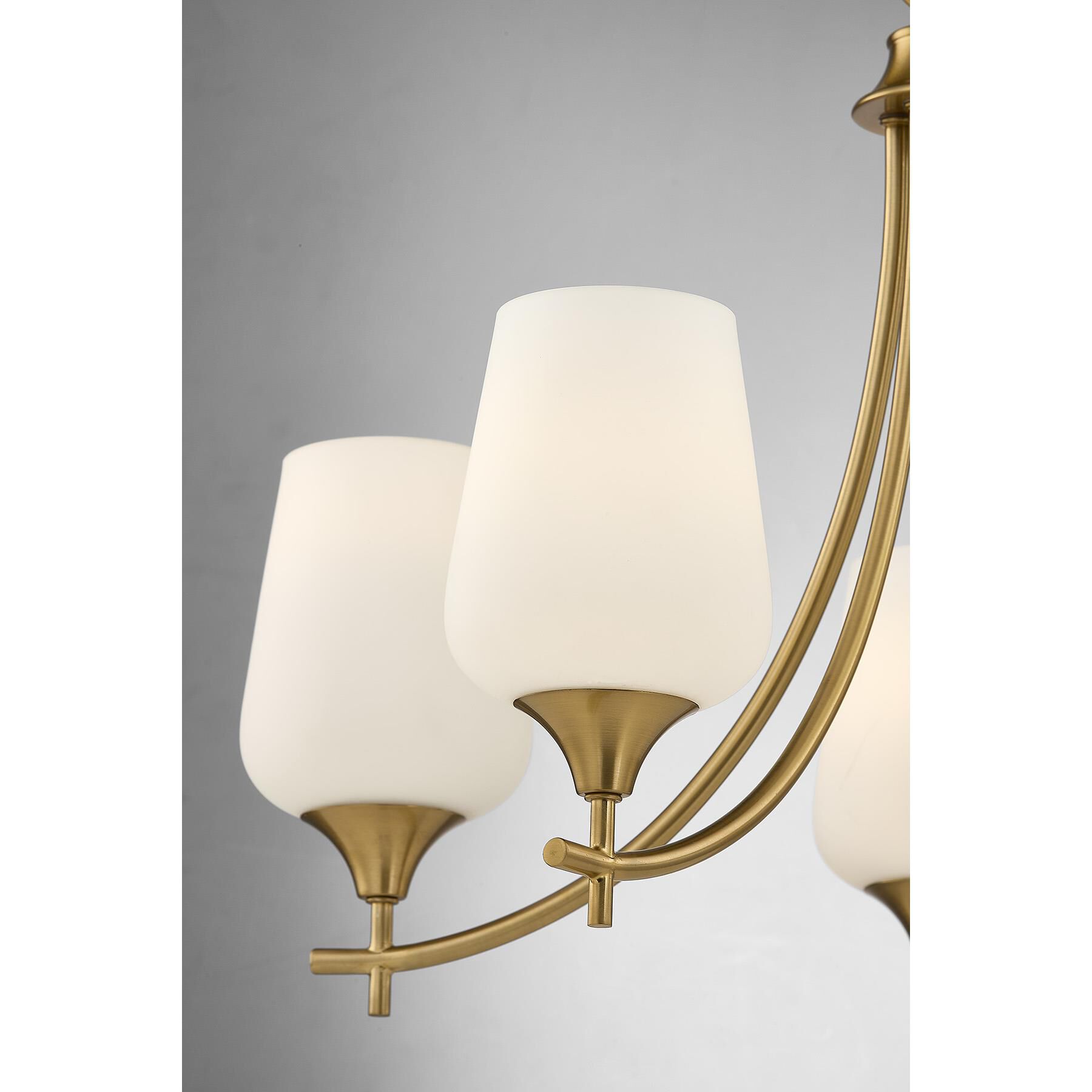 Shown in Warm Brass finish and White Opal glass
