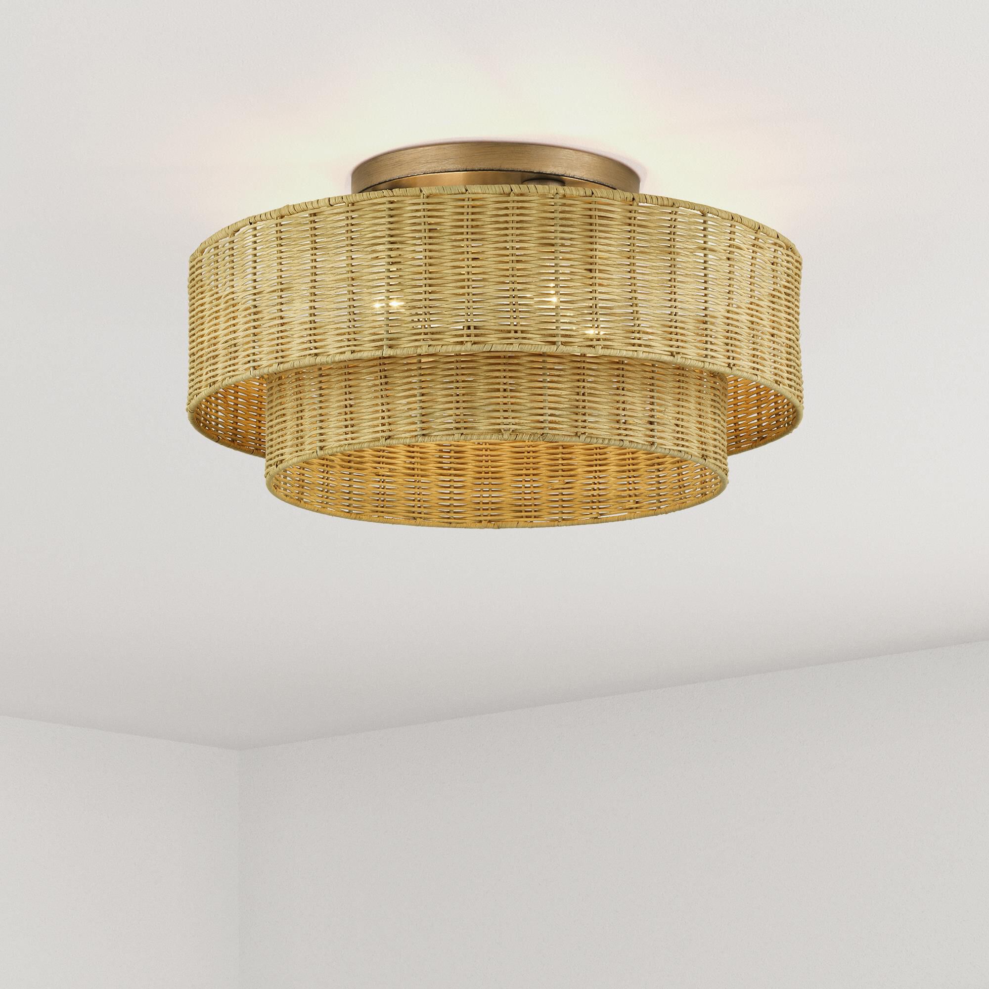 Shown in Antique Gold Leaf finish and Hand-Woven Rustic Walnut Color Rattan shade