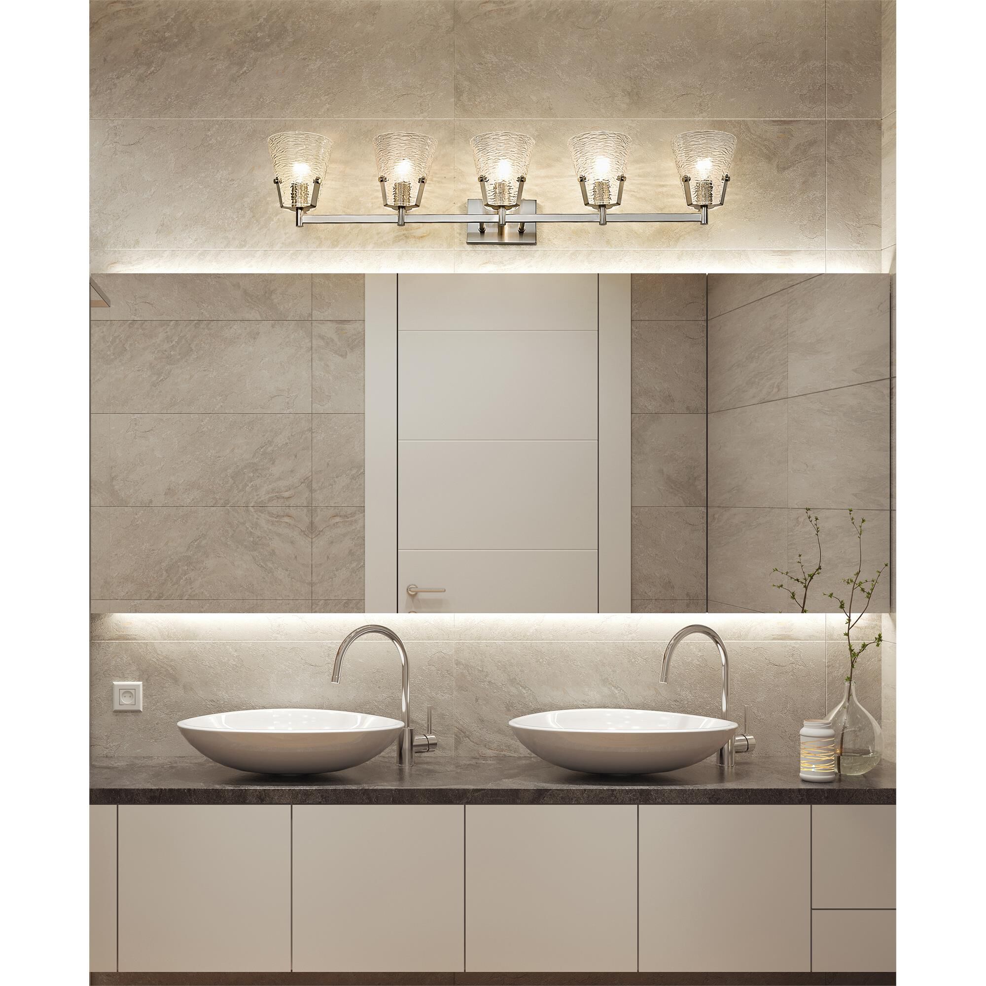 Shown in Brushed Nickel finish and Clear Ribbed glass