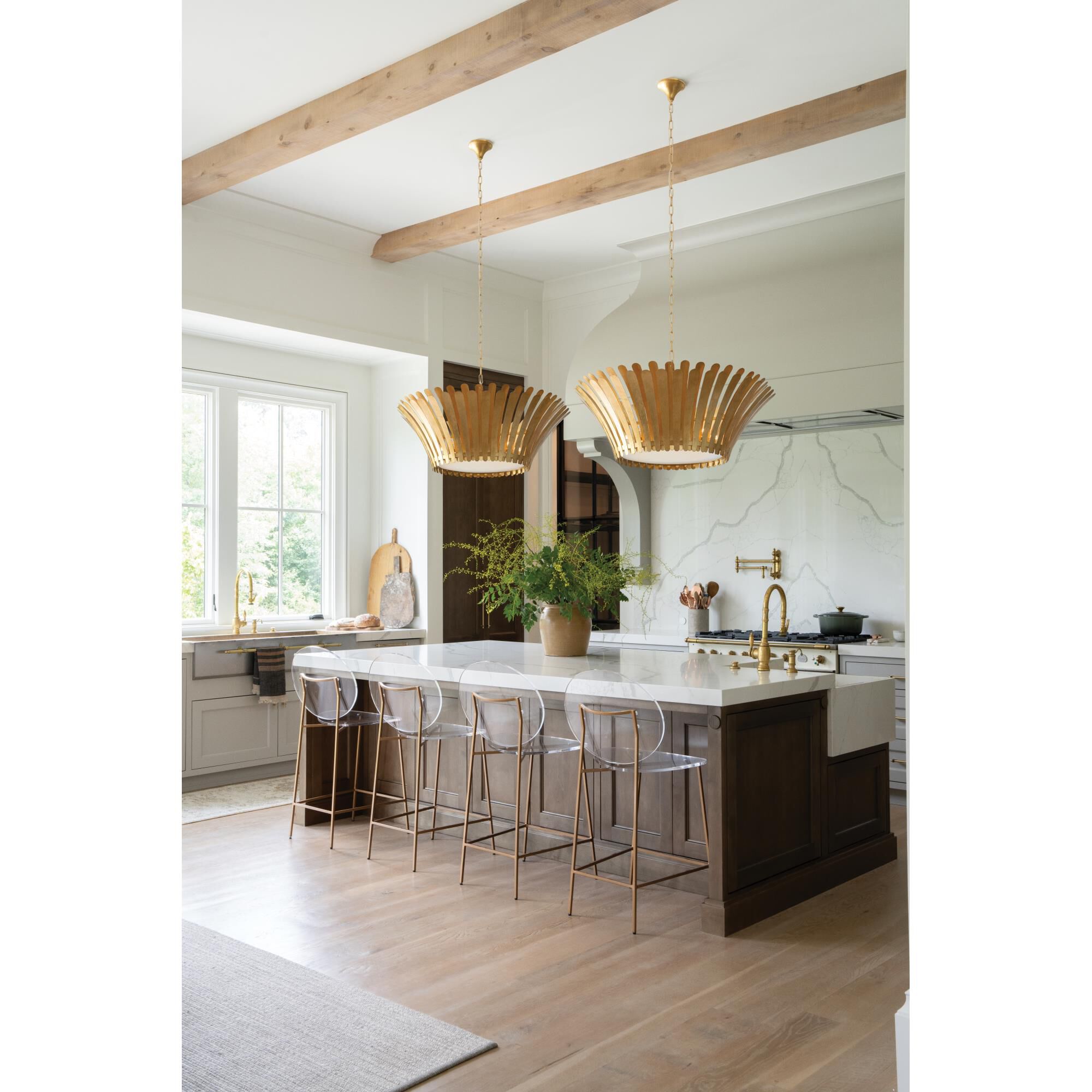 Shown in Distressed Brass finish and Etched White glass