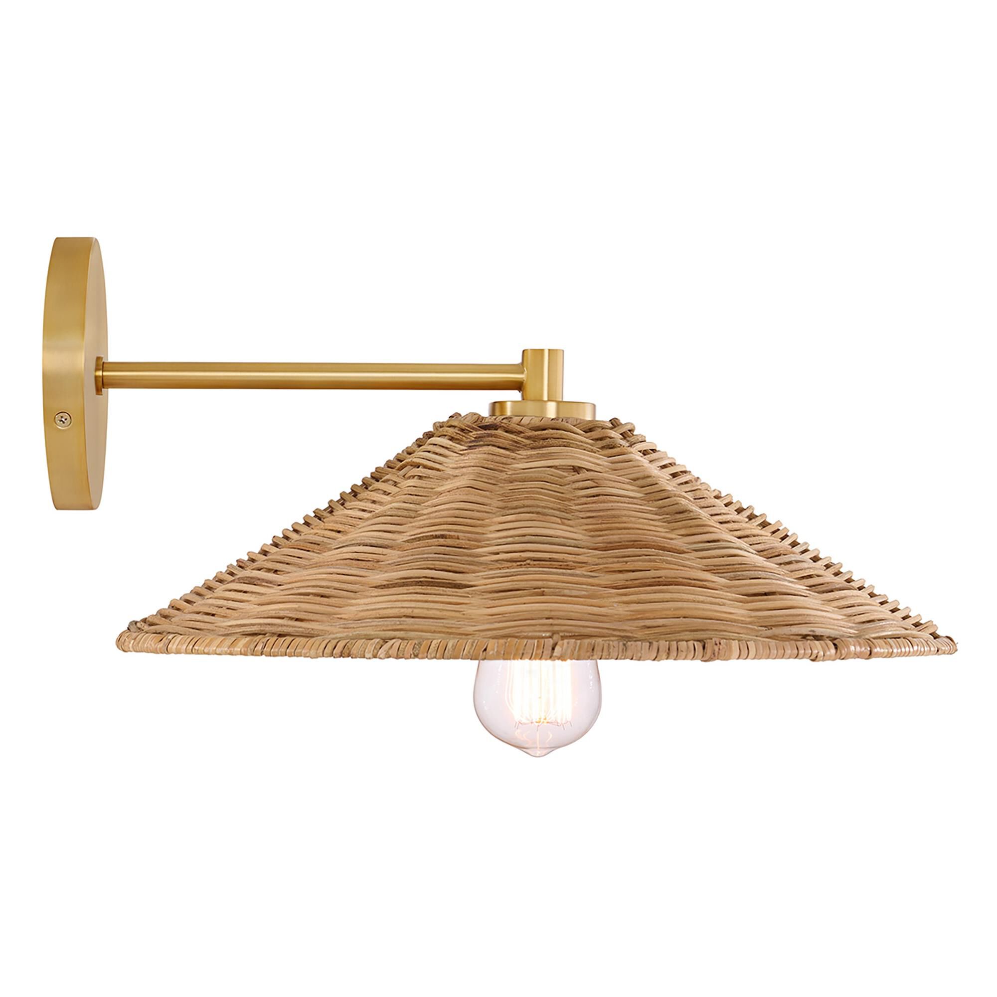 Shown in Natural Brass finish and Natural Rattan shade