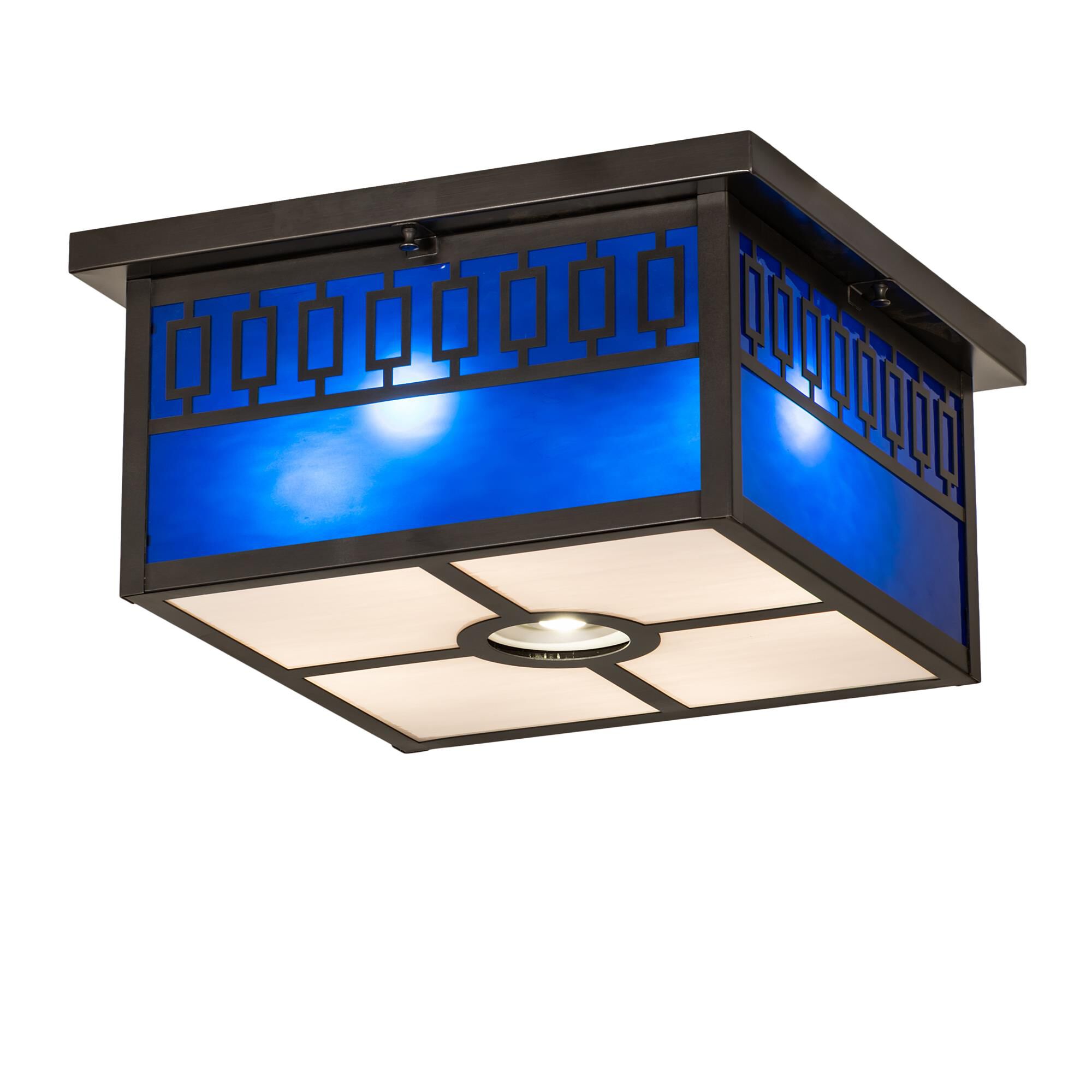 Shown in Craftsman Brown Finish finish and Blue;White glass