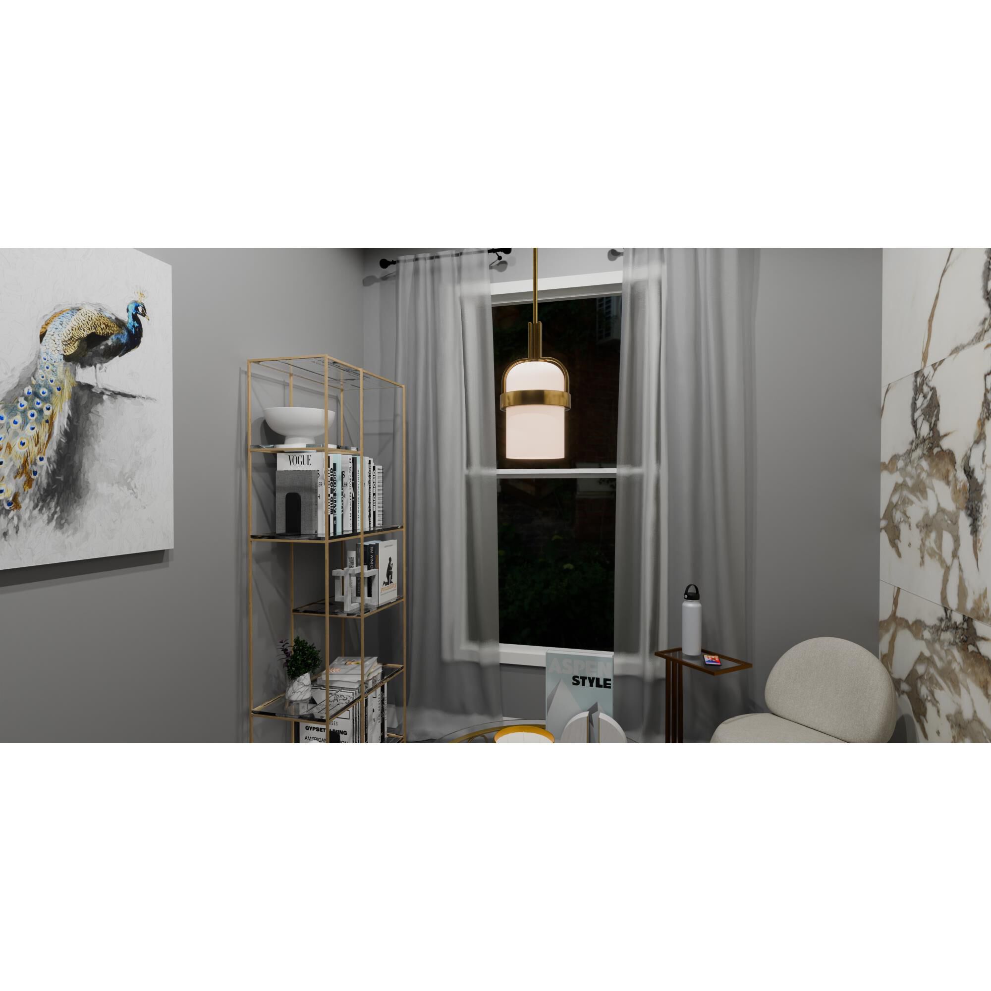 Shown in Aged Brass finish and Alabaster glass