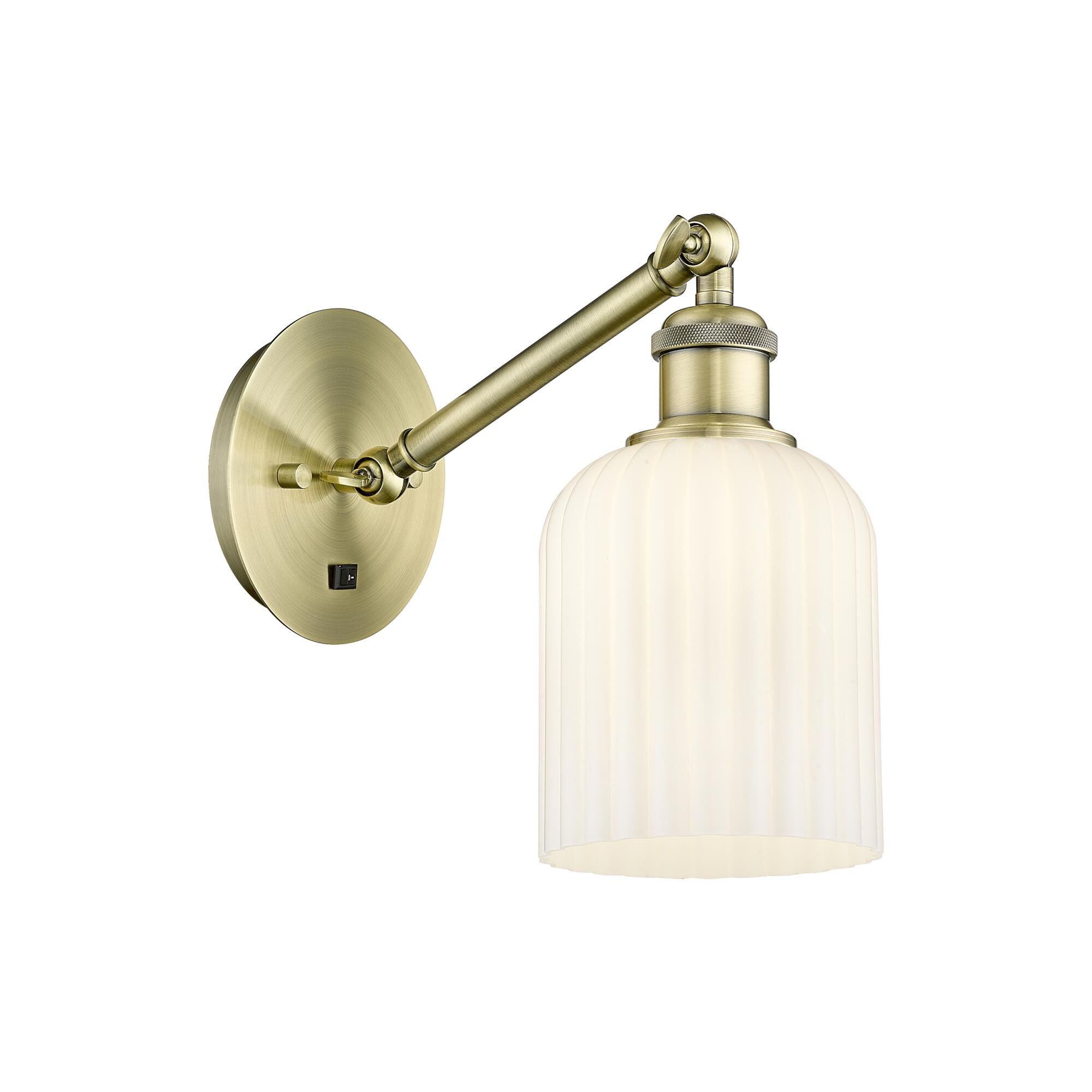 Shown in Antique Brass finish and Gloss White shade