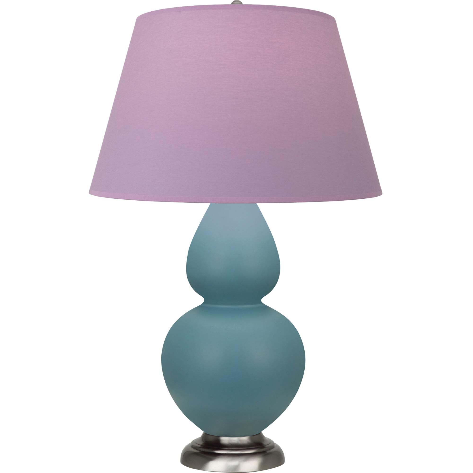 Shown in Matte Steel Blue finish and Lavender and Plum shade and Antique Silver accent