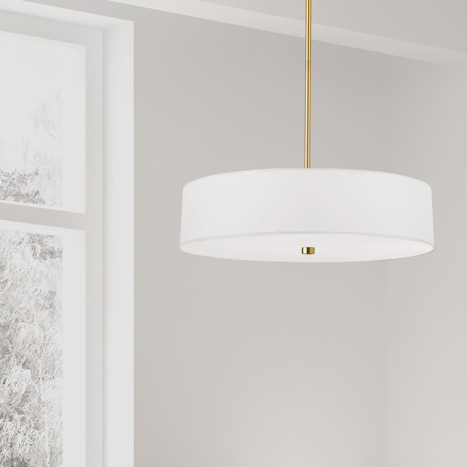 Shown in White and Aged Brass finish and White Fabric Drum shade