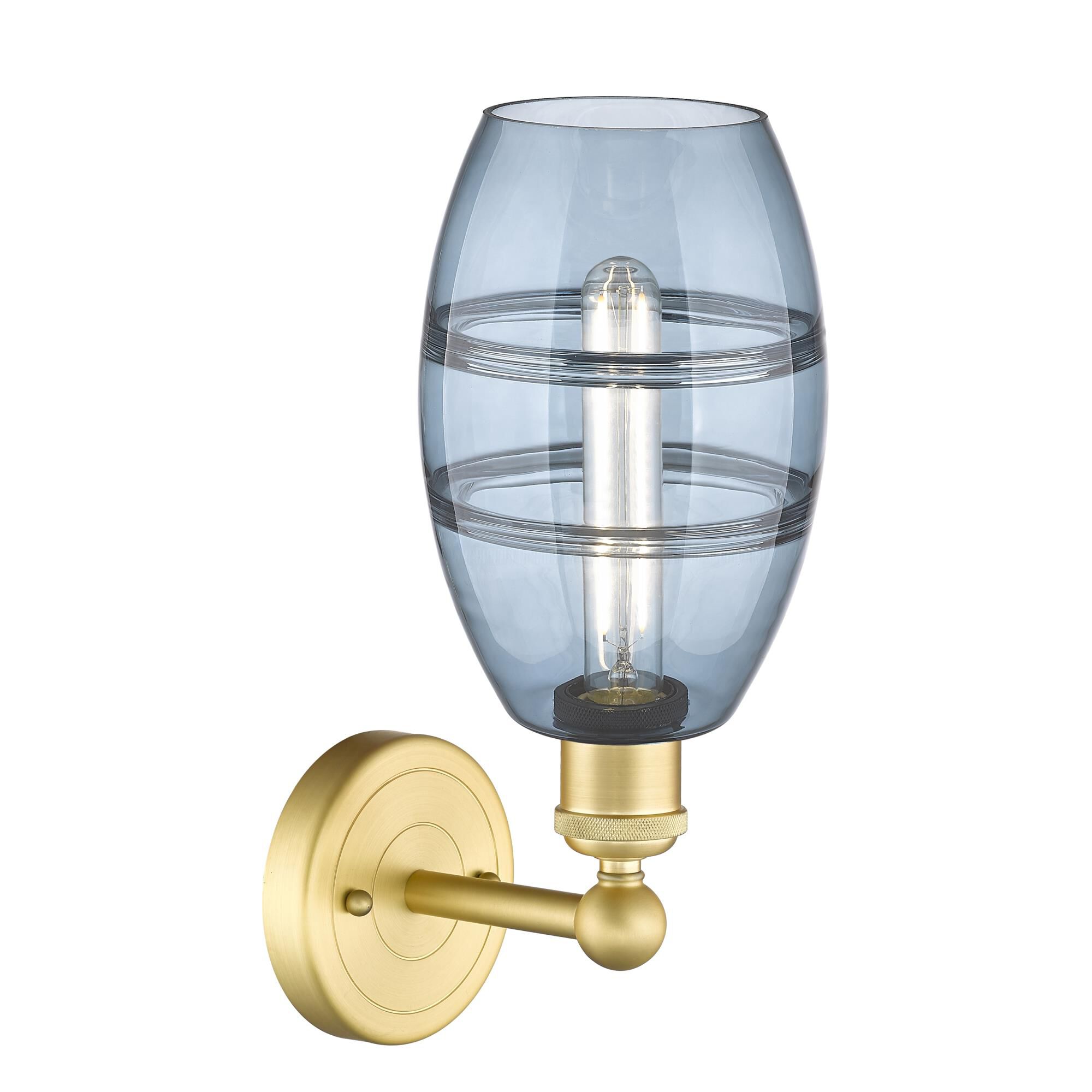 Shown in Satin Gold finish and Princess Blue glass