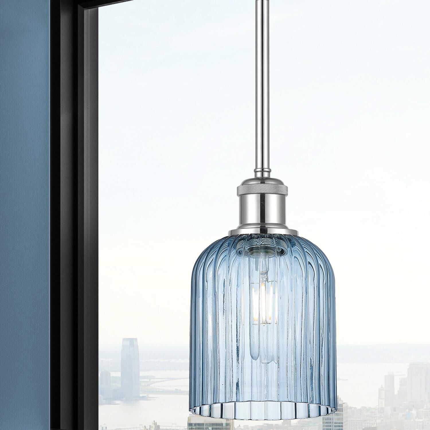 Shown in Polished Chrome finish and Princess Blue glass