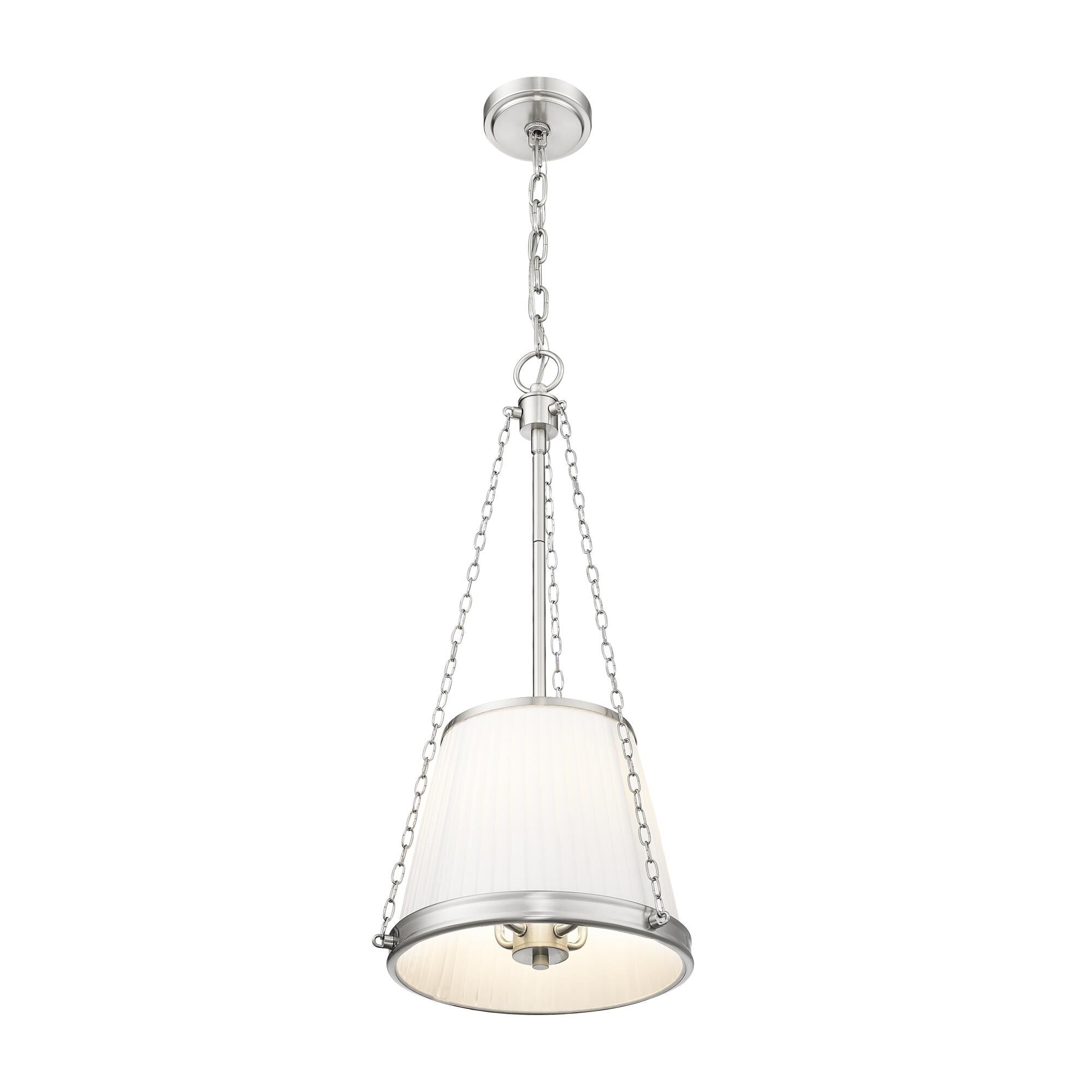 Shown in Brushed Nickel finish and White glass and White shade