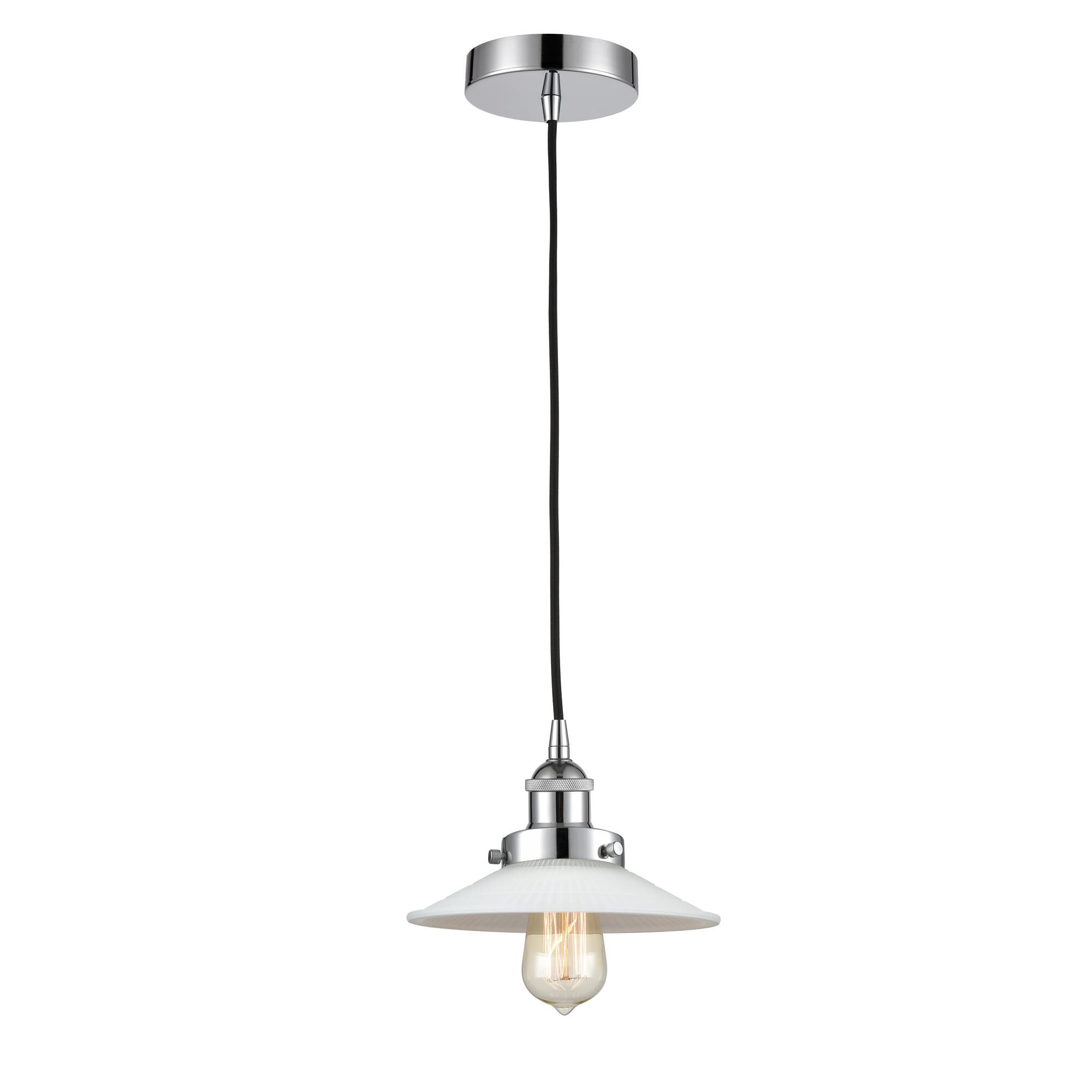 Shown in Polished Chrome finish and White Halophane glass