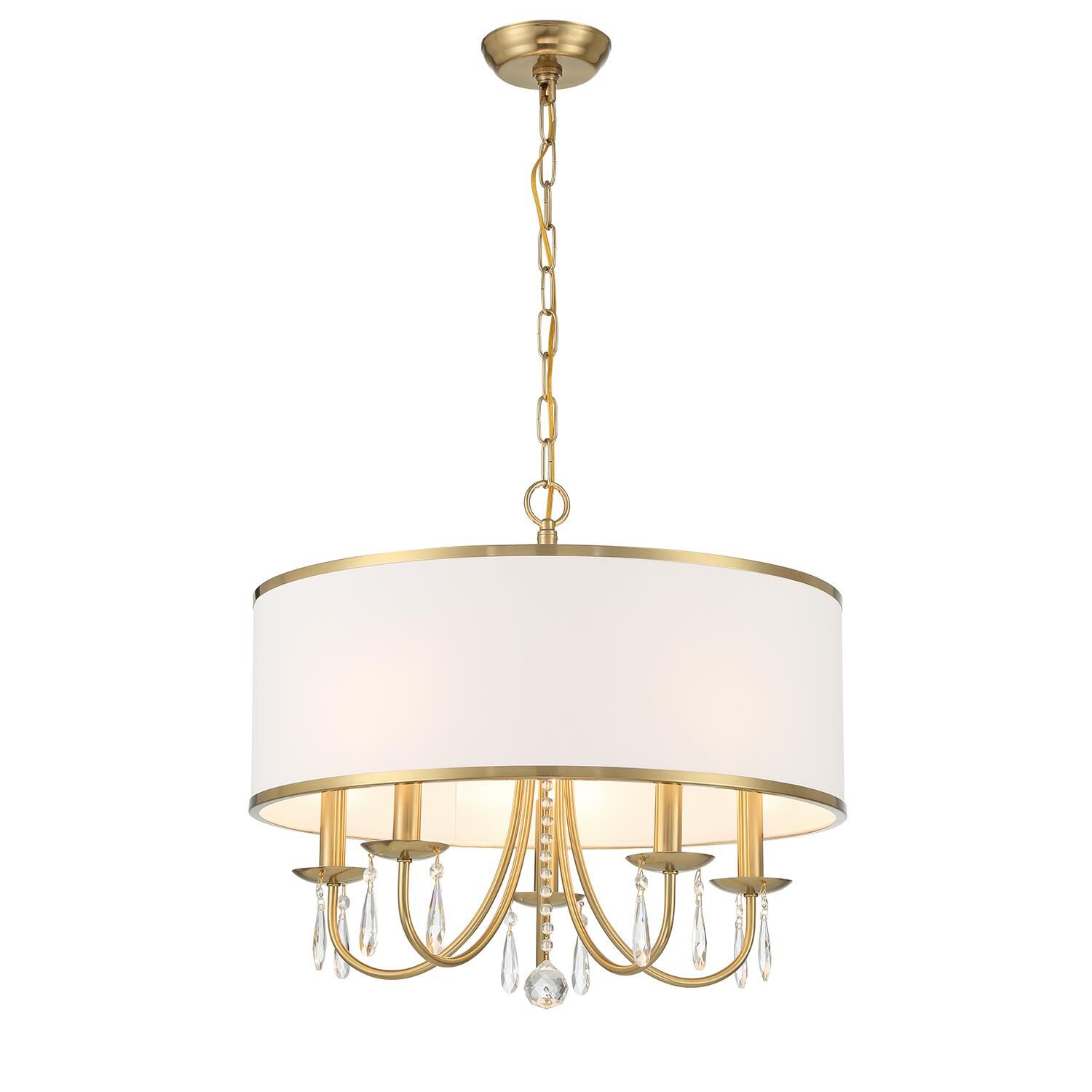 Shown in Vibrant Gold finish and Clear Hand Cut crystal and White Linen shade