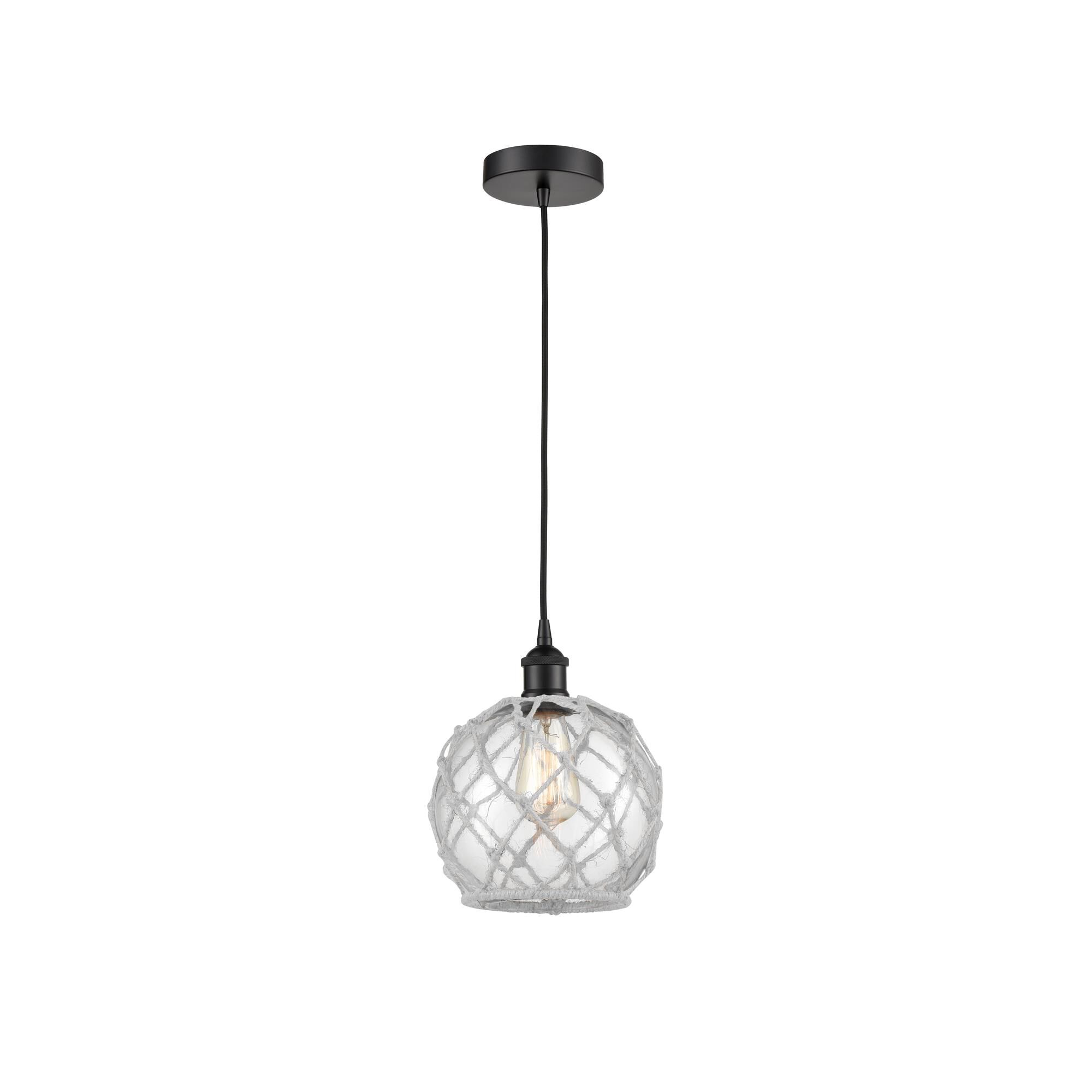 Shown in Matte Black finish and Clear Farmhouse With White Rope glass