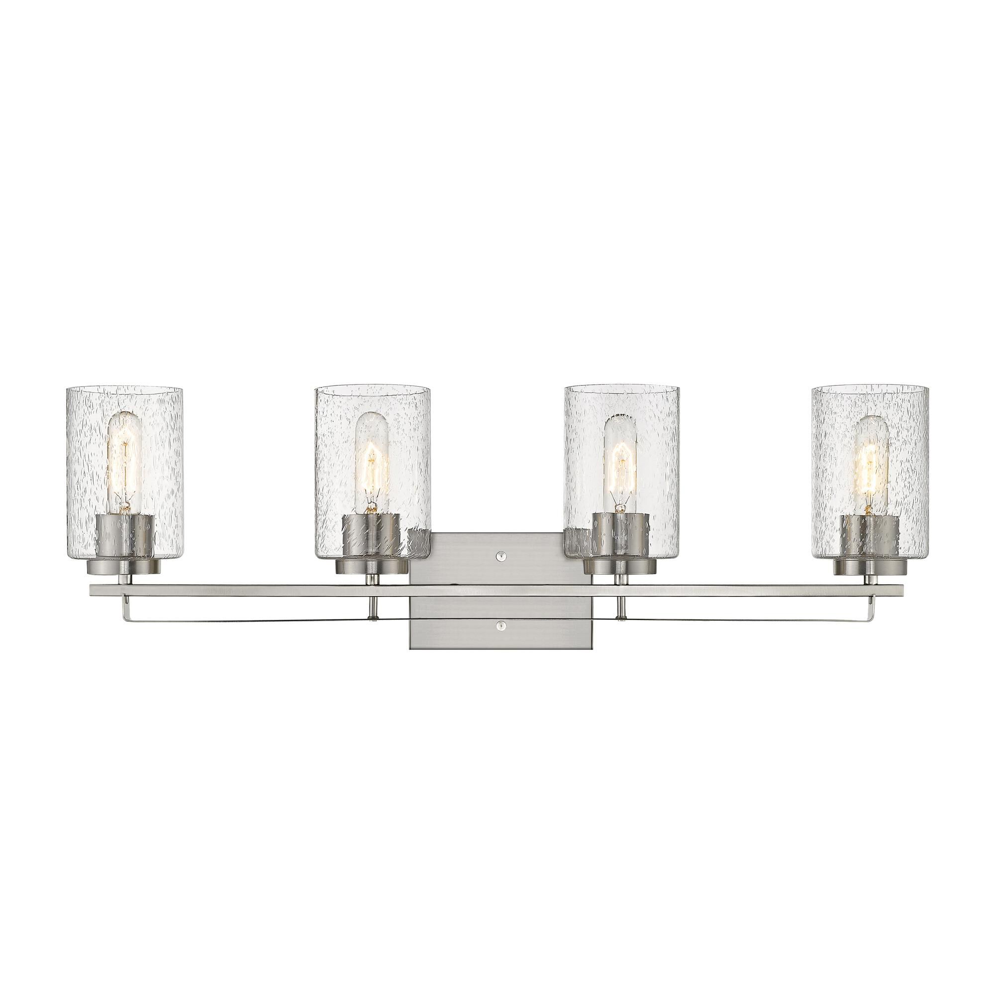 Shown in Satin Nickel finish and Clear glass and Clear, Seeded Cylindrical Glass s shade