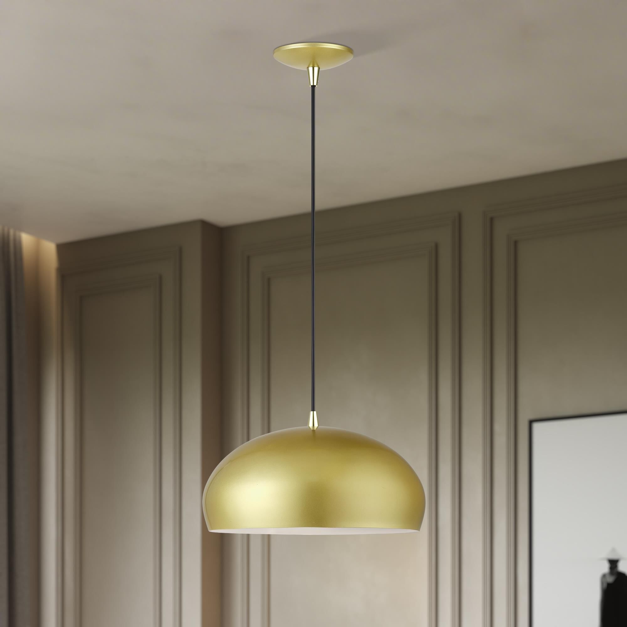 Shown in Soft Gold with Polished Brass Accents finish and Soft Gold Steel with Shiny White Inside shade