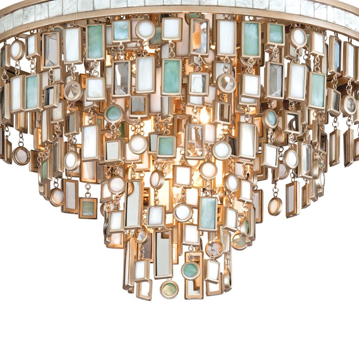 Shown in Dolcetti Silver finish and Mixed glass and Shells, Crystal, Stainless shade and Mixed Shells with Crystal and Stainless  accent