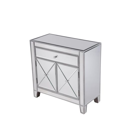 Silver storage cabinet with X-pattern design on a plain background.