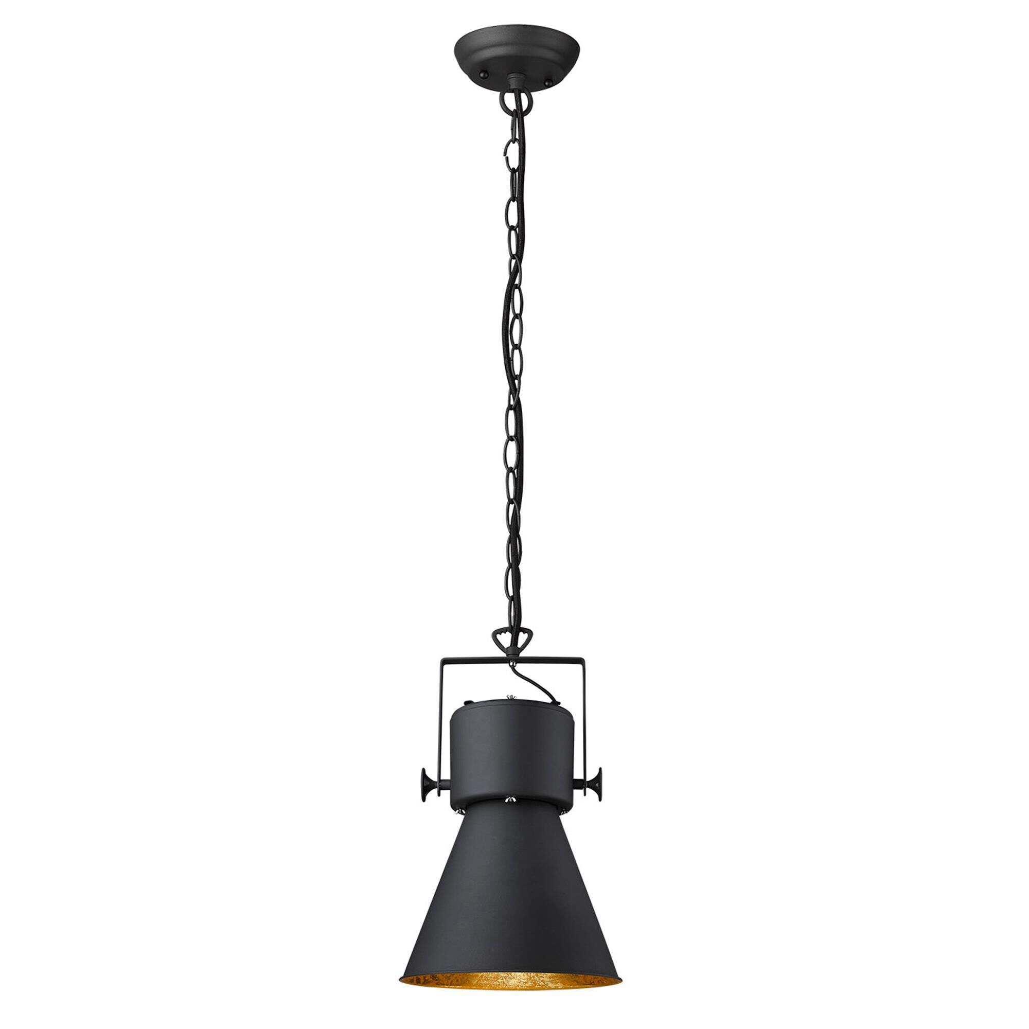 Shown in Matte Black finish and Black glass and Black Metal Cone Shaped  W/ Gold Interior shade