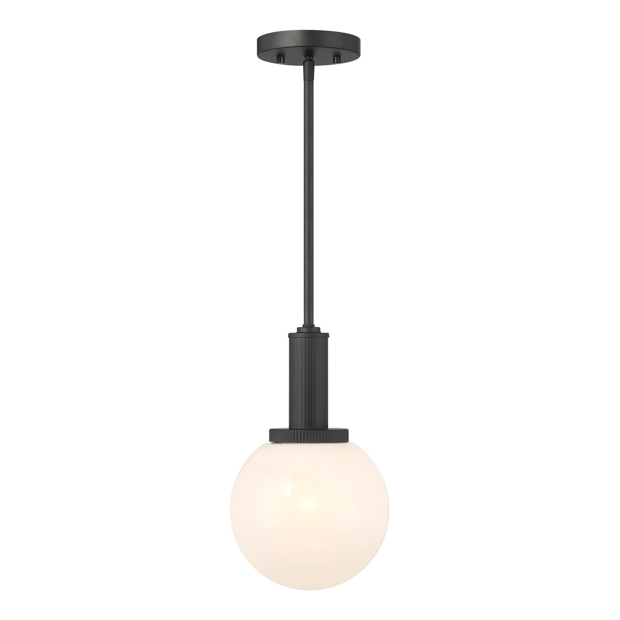 Shown in Matte Black finish and White Strie glass and Glass shade