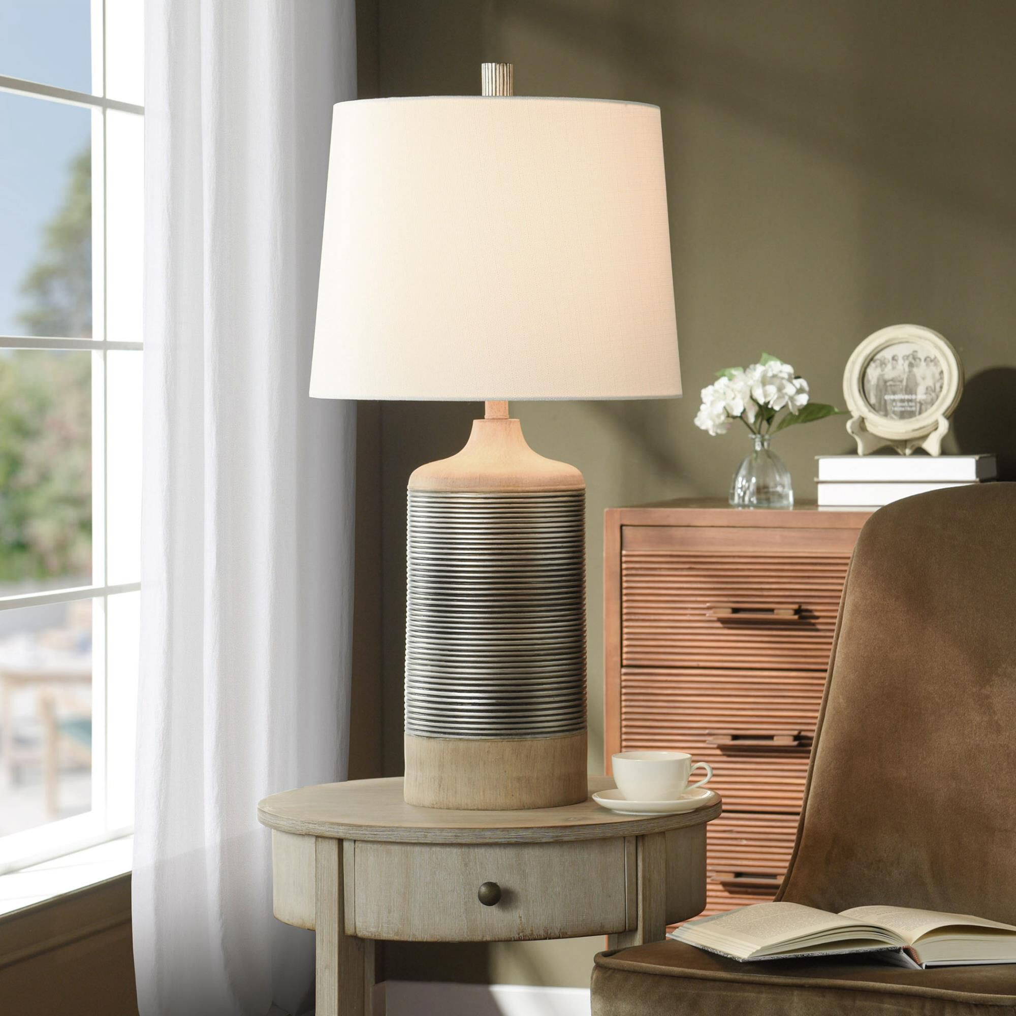 Shown in Light Tan, Silver, Tan finish and White Polyester Fabric shade