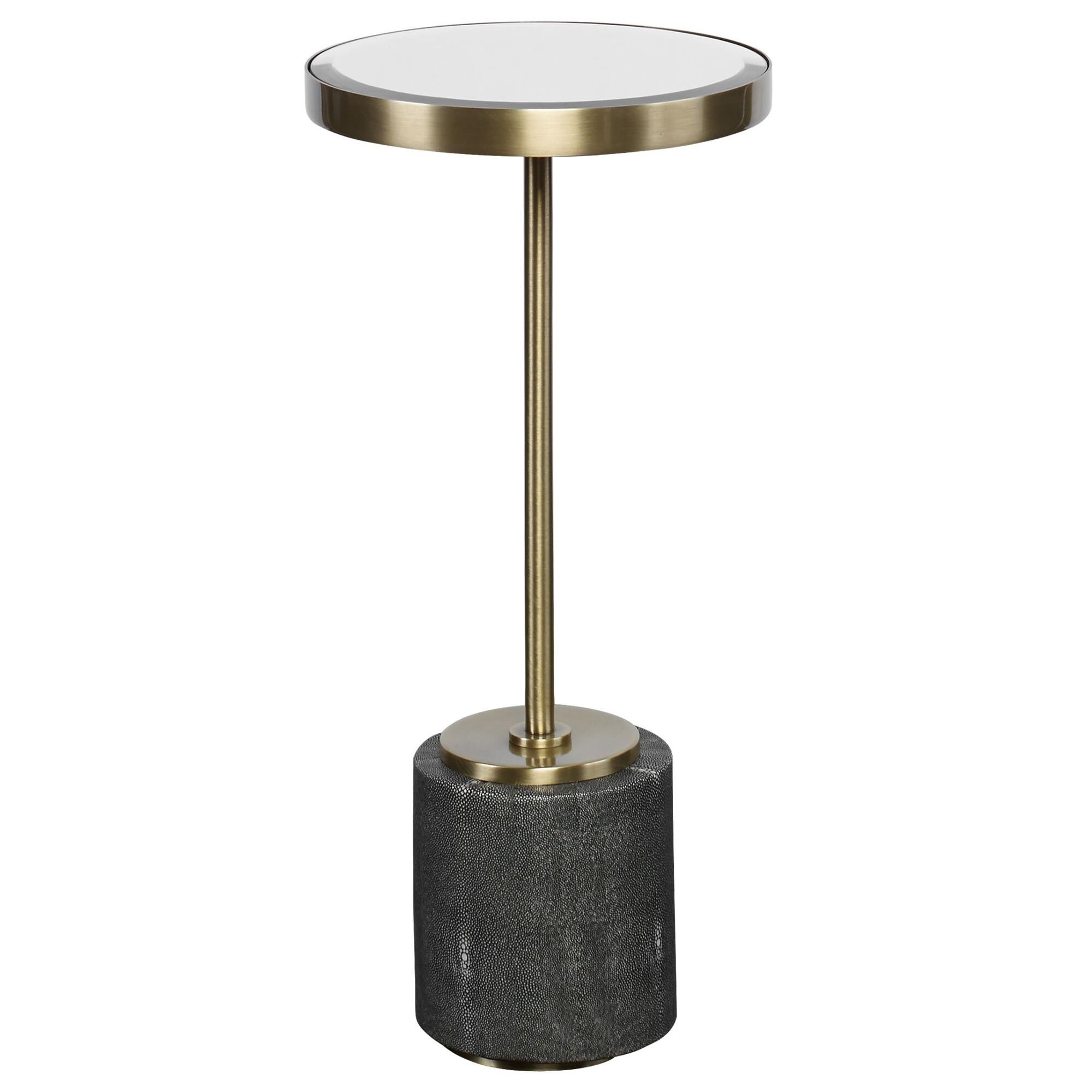 Shown in Stylish And Sophisticated, This Round Accent Table Features A Gray Faux Shagreen Base Paired With An finish