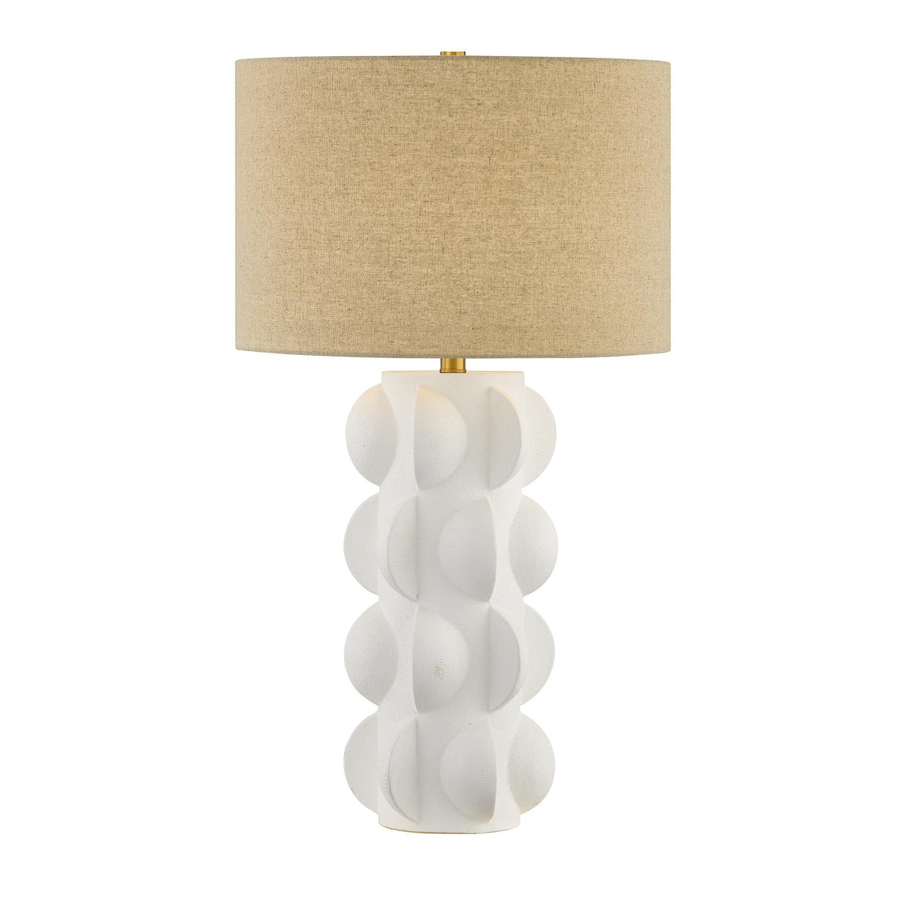 Shown in Warm Brass finish and Beige Fabric shade