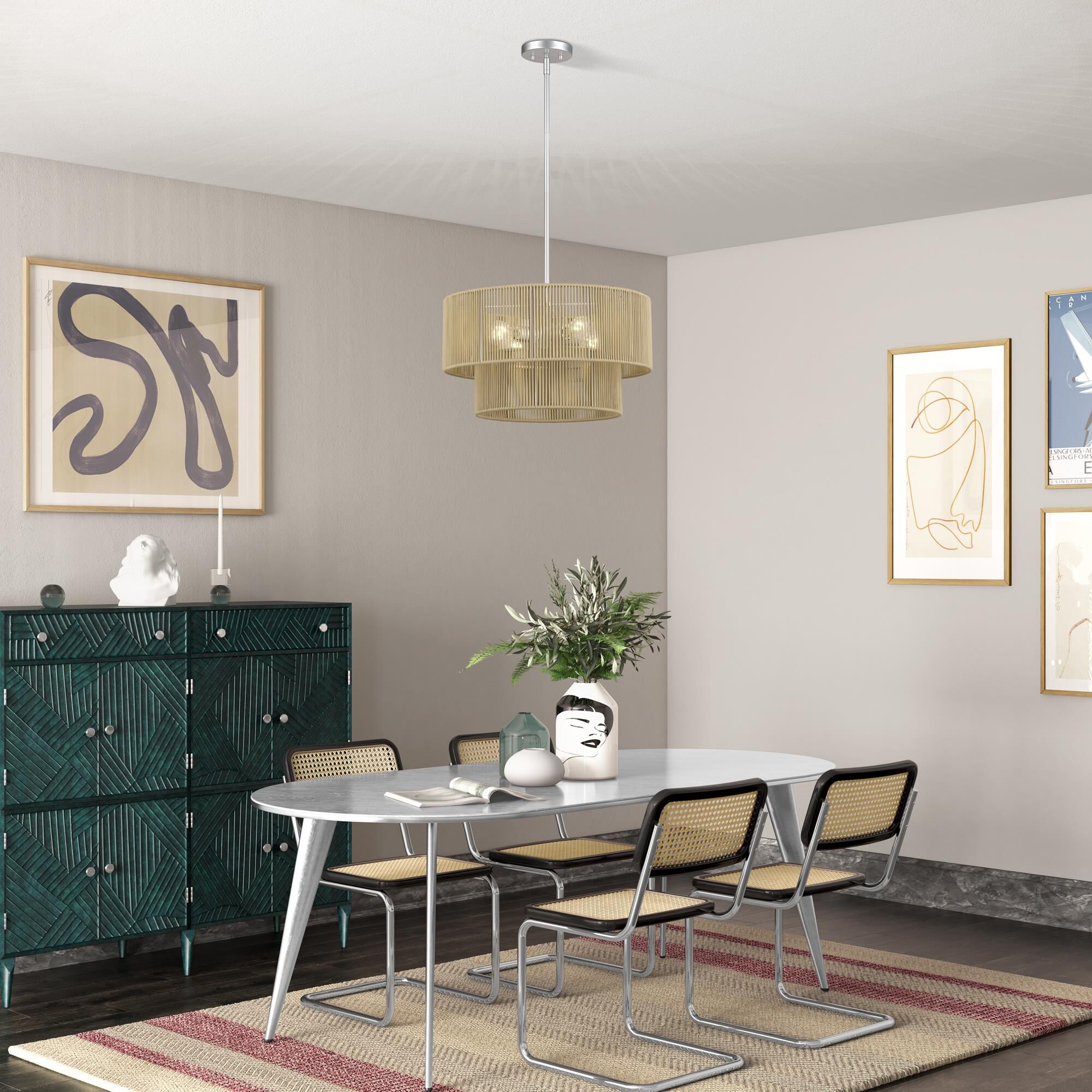 Shown in Painted Nickel finish and Hand-Woven Venetian Gold Color Polyester Rope shade