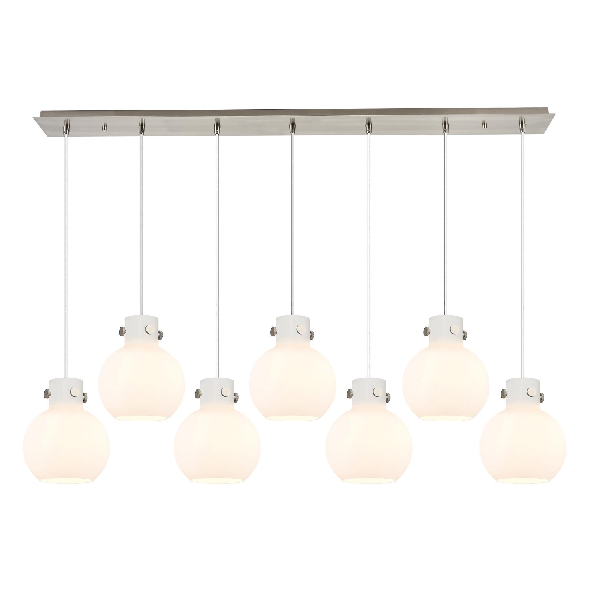 Shown in Brushed Satin Nickel finish and White glass and White Glass shade