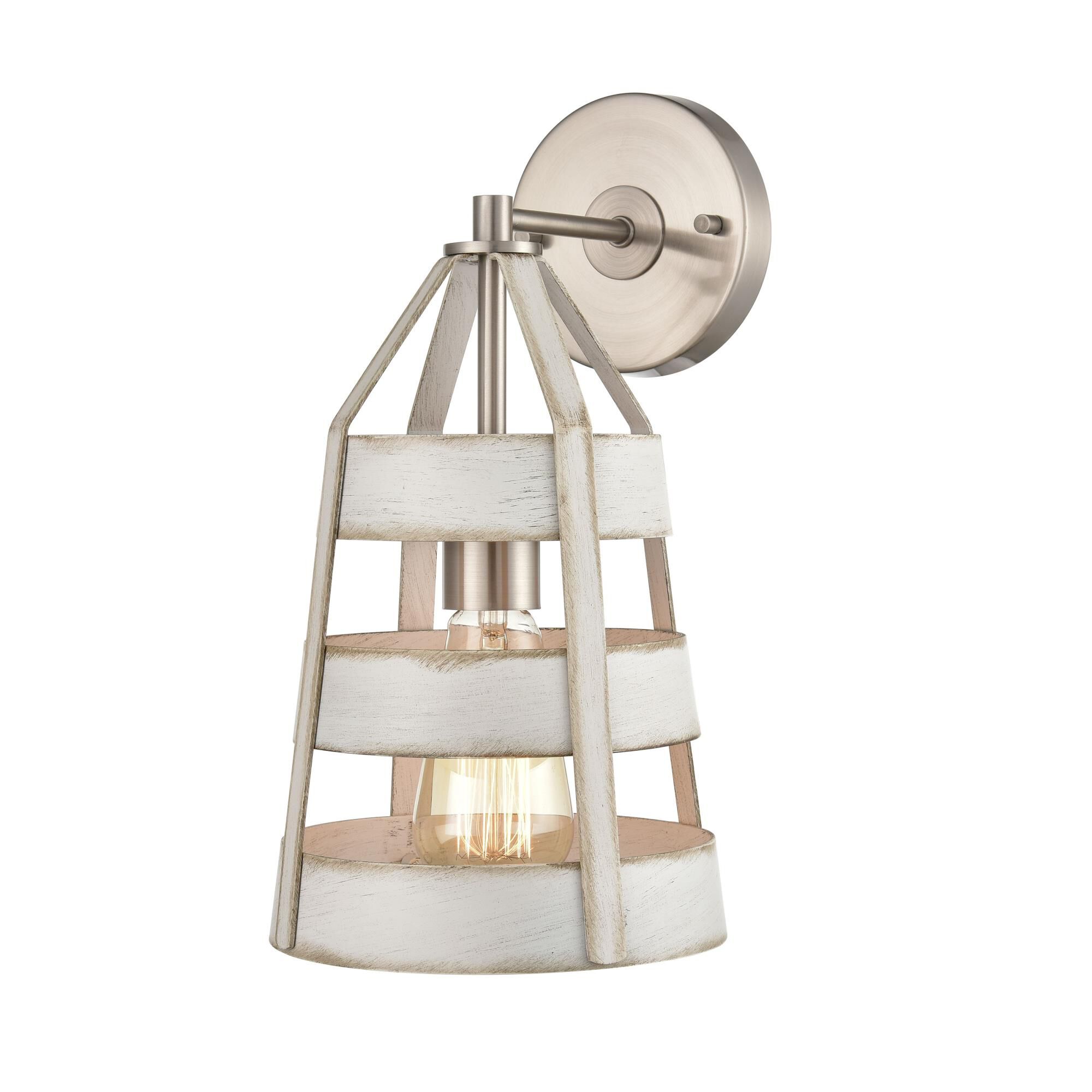 Shown in Satin Nickel finish and Antique White Metal shade