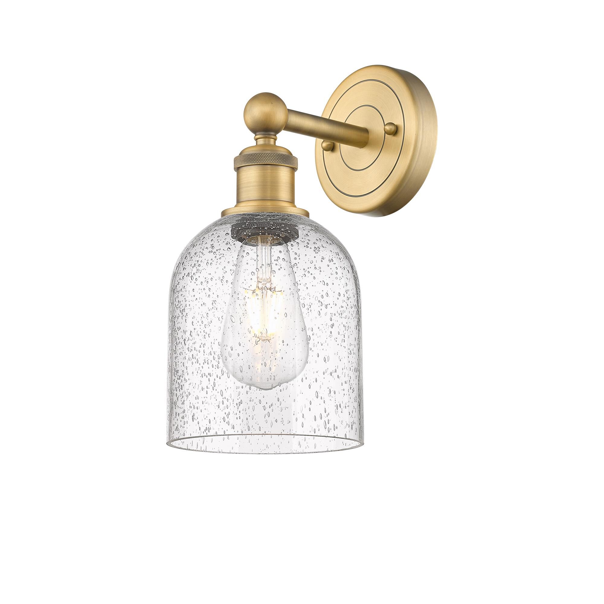 Shown in Brushed Brass finish and Seedy glass