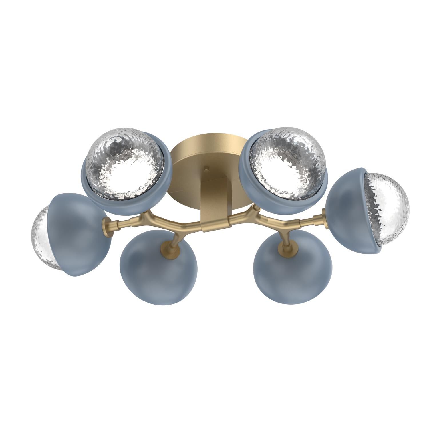 Shown in Gilded Brass finish and Clear glass and Poppy Blue accent