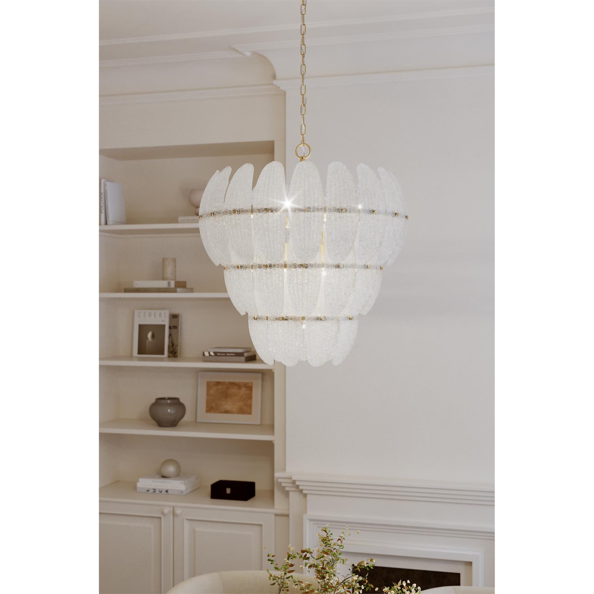 Shown in Legacy Brass finish and Clear Textured shade