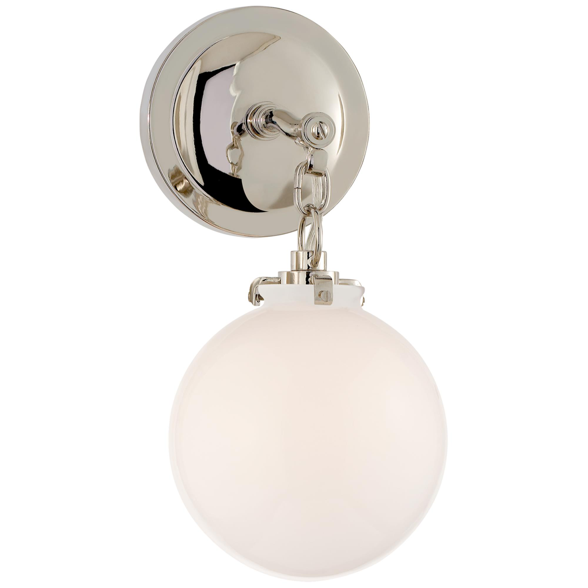 Shown in Polished Nickel finish and White glass