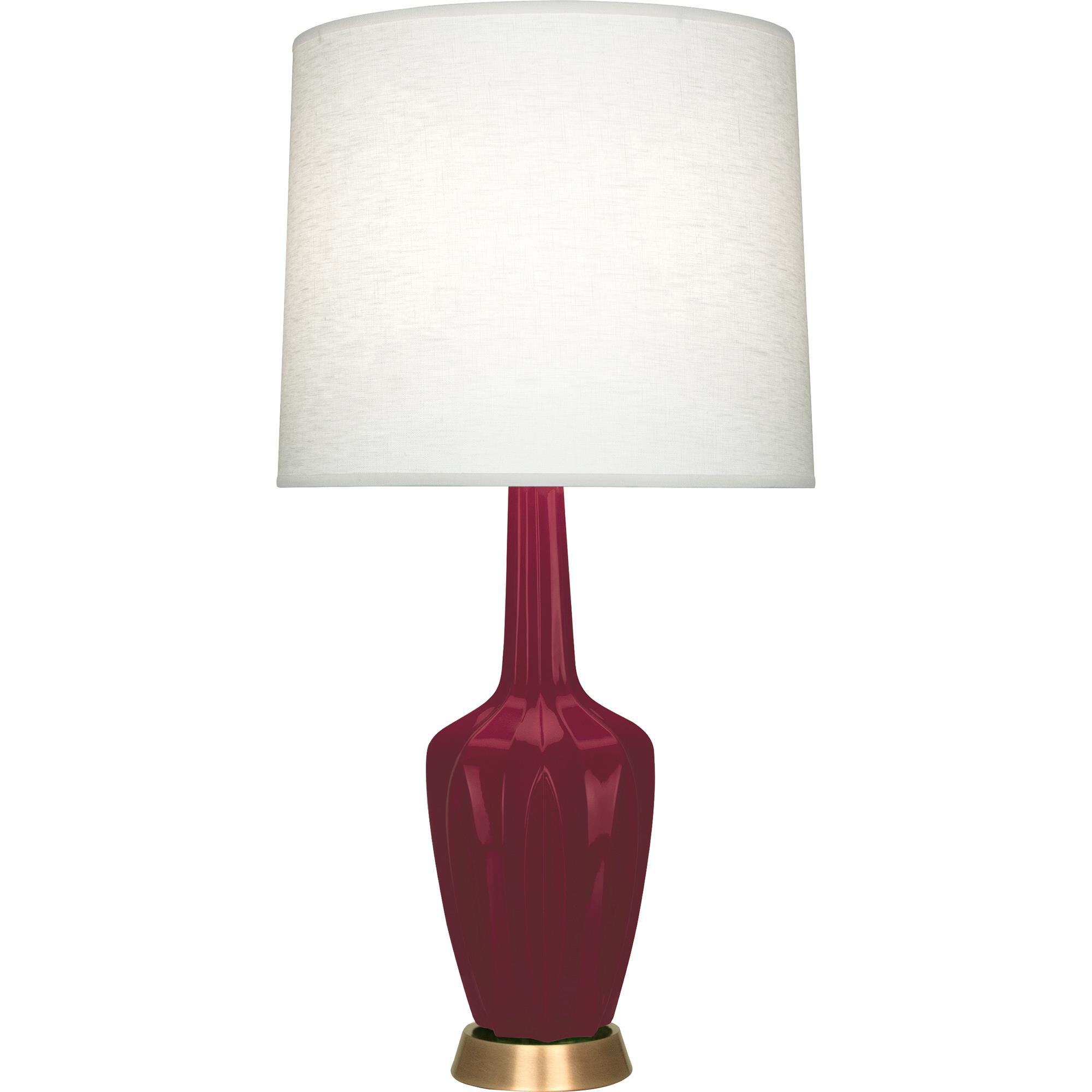 Shown in Sugar Plum Glazed finish and Oyster Linen shade and Warm Brass accent