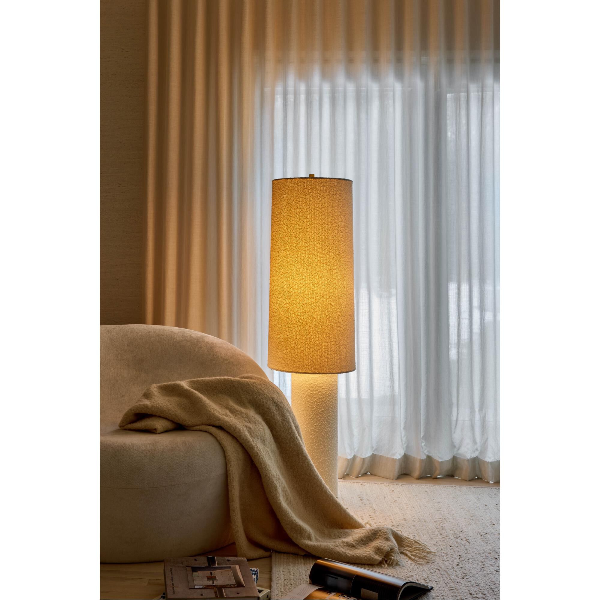 Shown in Aged Brass finish and Textured Linen shade