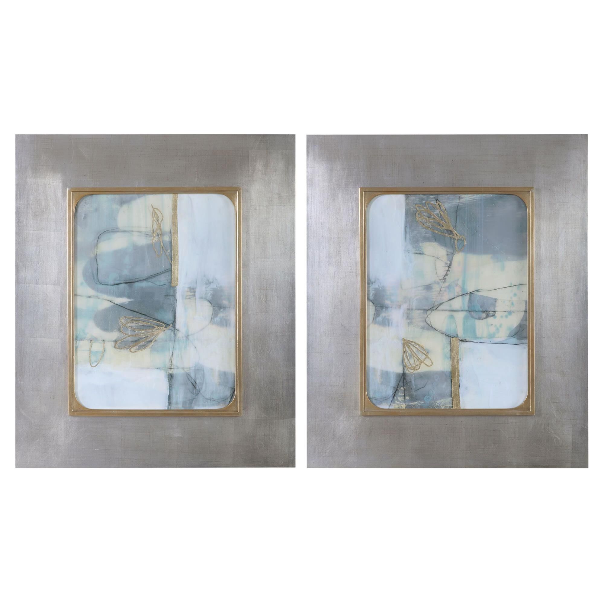 Shown in Light Blue, Gray, Taupe, Gold Leaf, Framed Prints, Under Glass, Silver Leaf Frame With Gold Leaf Fil finish
