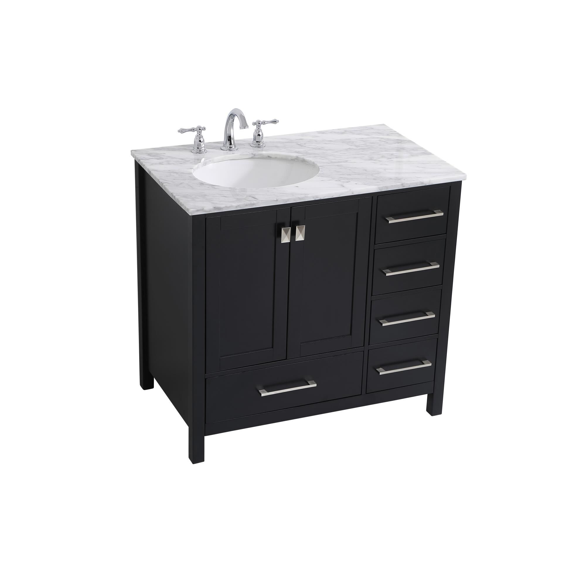 Shown in Black And Brushed Nickel With Carrara White Marble finish