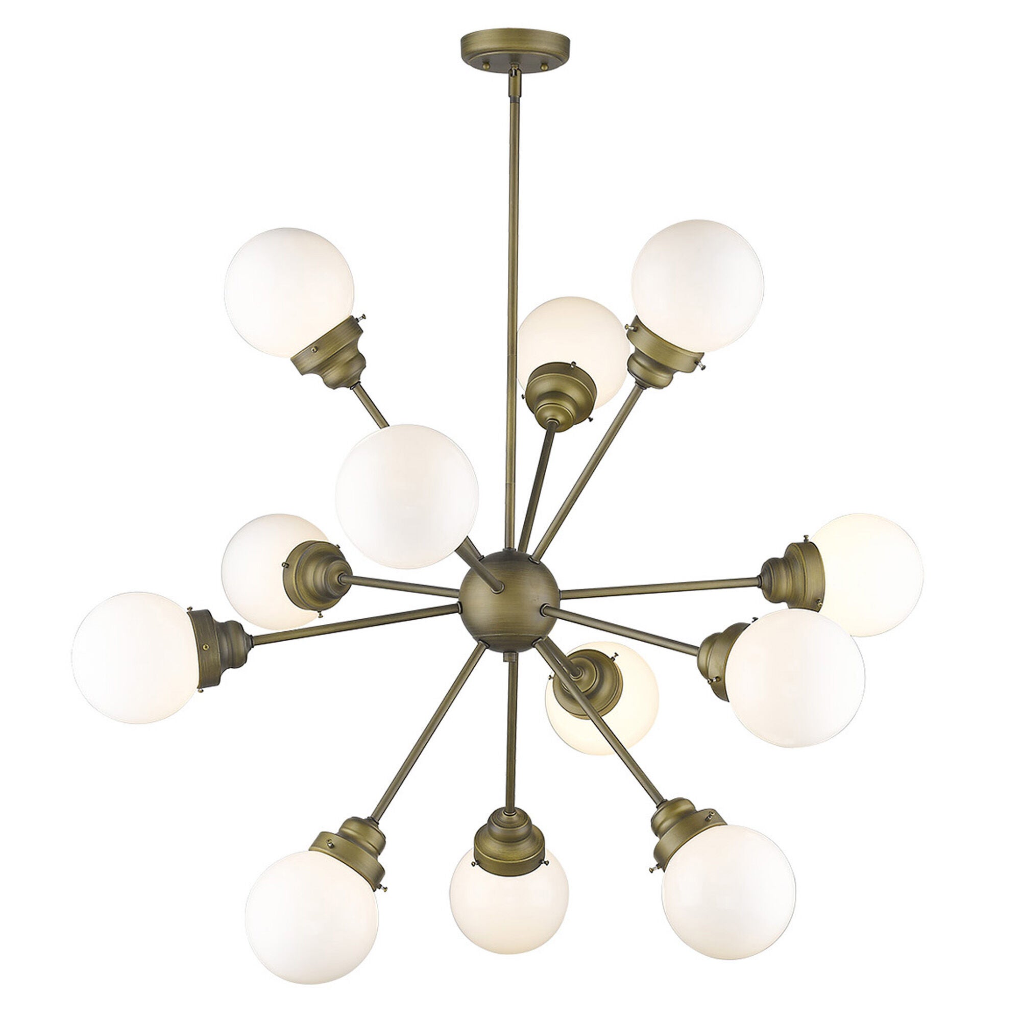 Shown in Raw Brass finish and Opal glass and Opal, Glass Globes shade