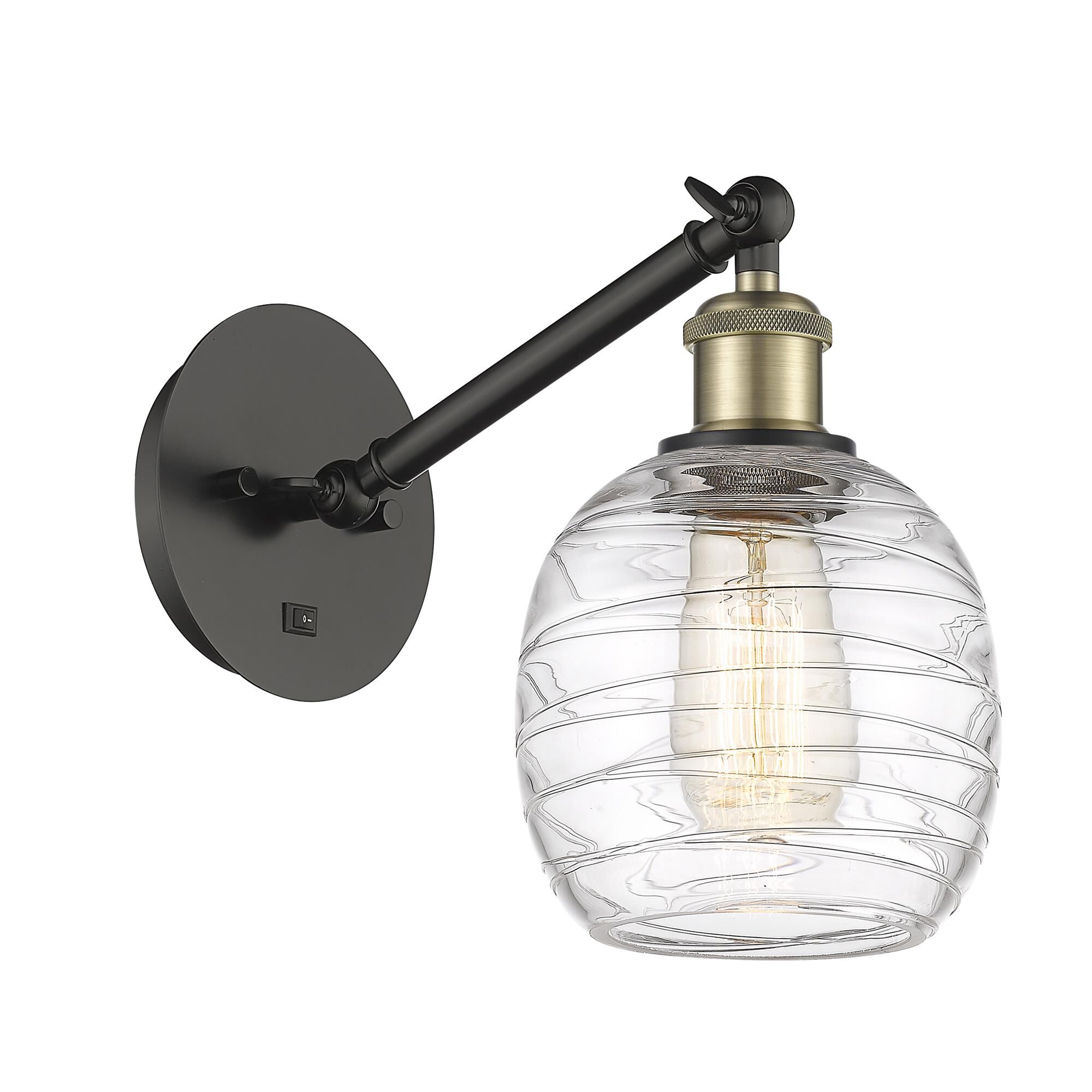 Shown in Black Antique Brass finish and Deco Swirl Belfast glass