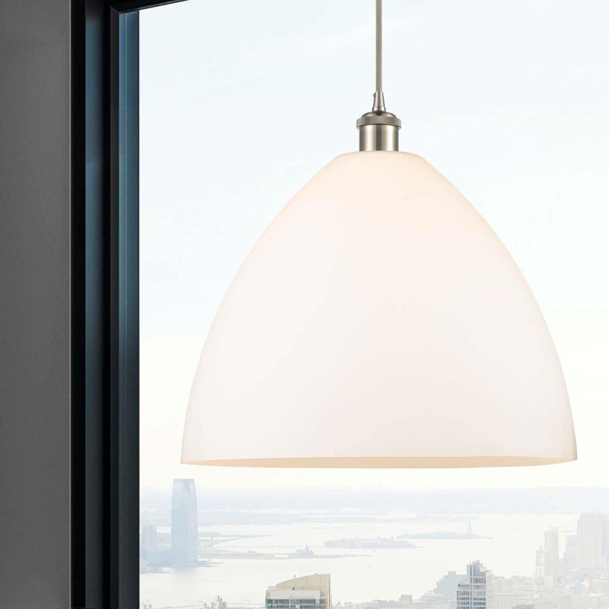 Shown in Brushed Satin Nickel finish and Matte White glass