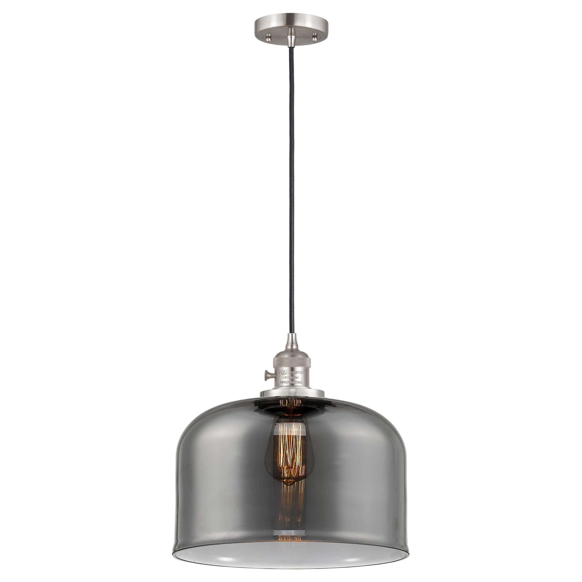 Shown in Brushed Satin Nickel finish and Plated Smoke glass