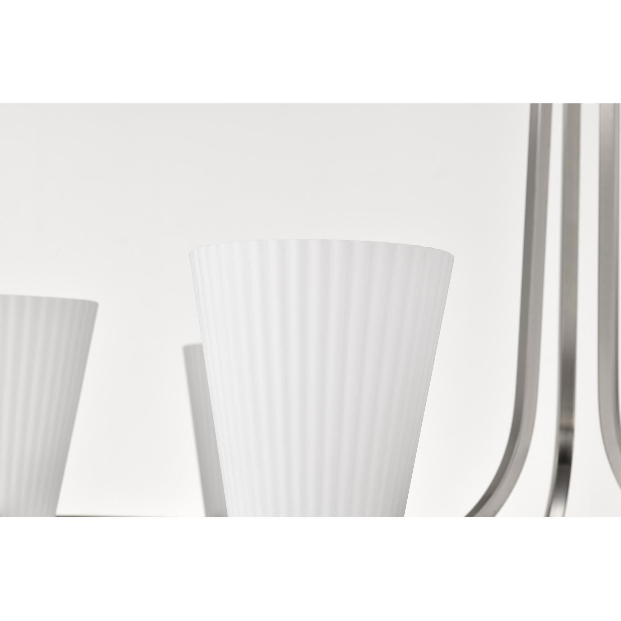 Shown in Brushed Nickel finish and Ribbed White glass