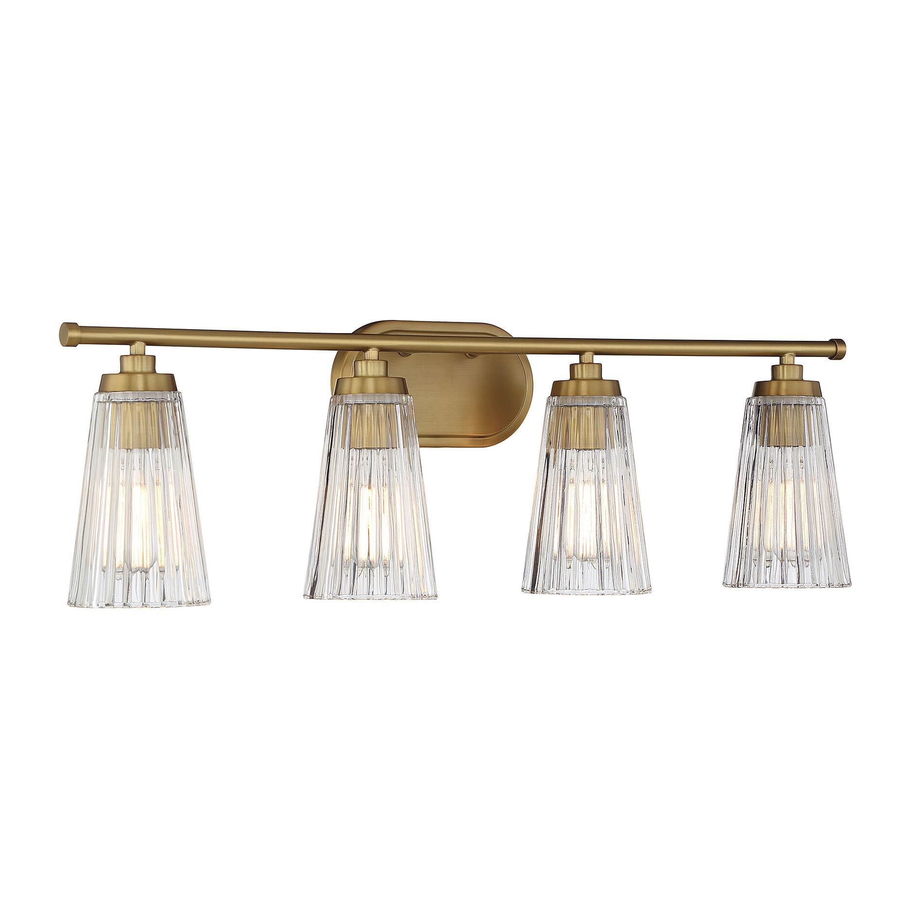 Shown in Warm Brass finish and Clear Ribbed glass and Glass shade