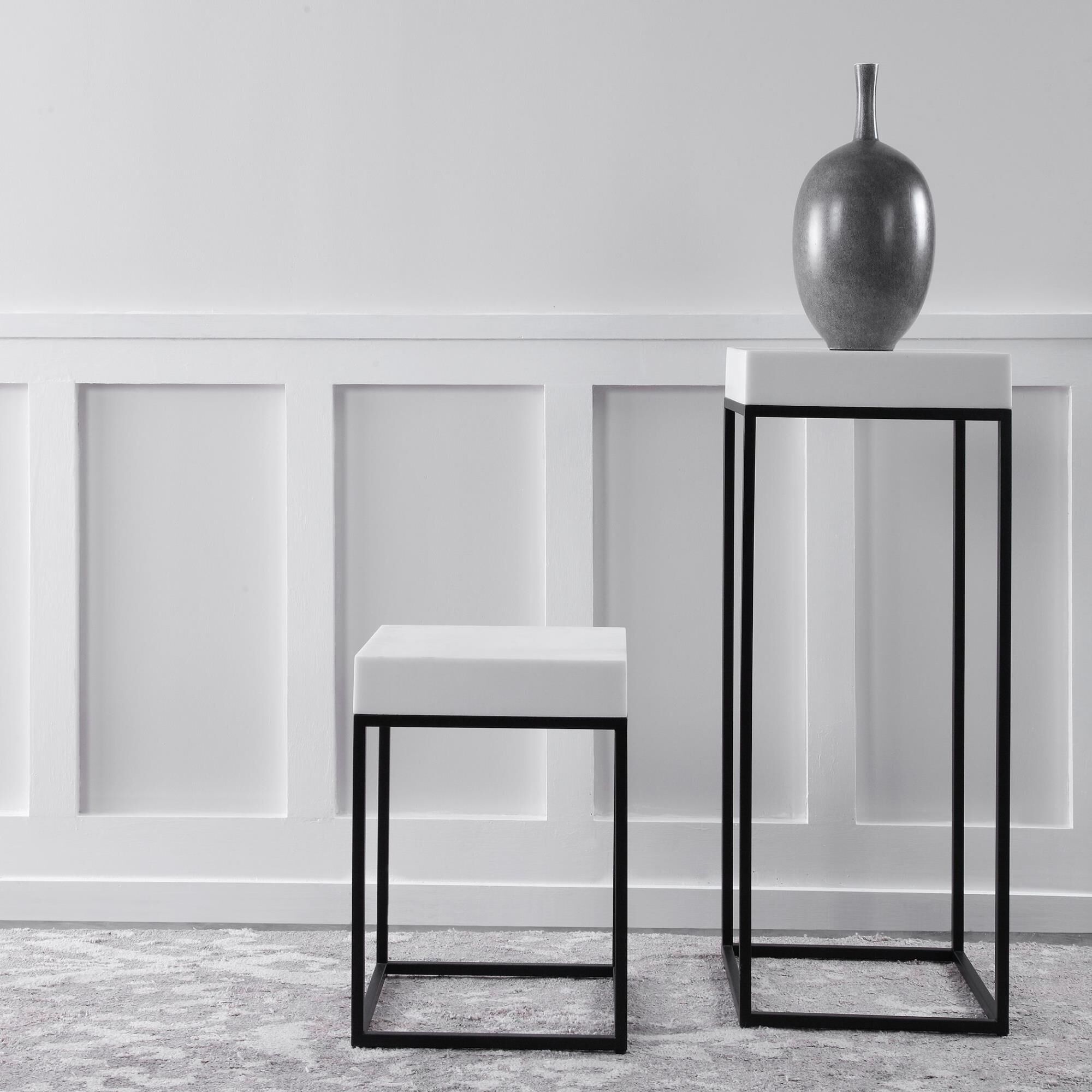 Shown in This Modern Plant Stand Combines A White Marble Look, Atop A Simple Steel Base Finished In Aged Blac finish