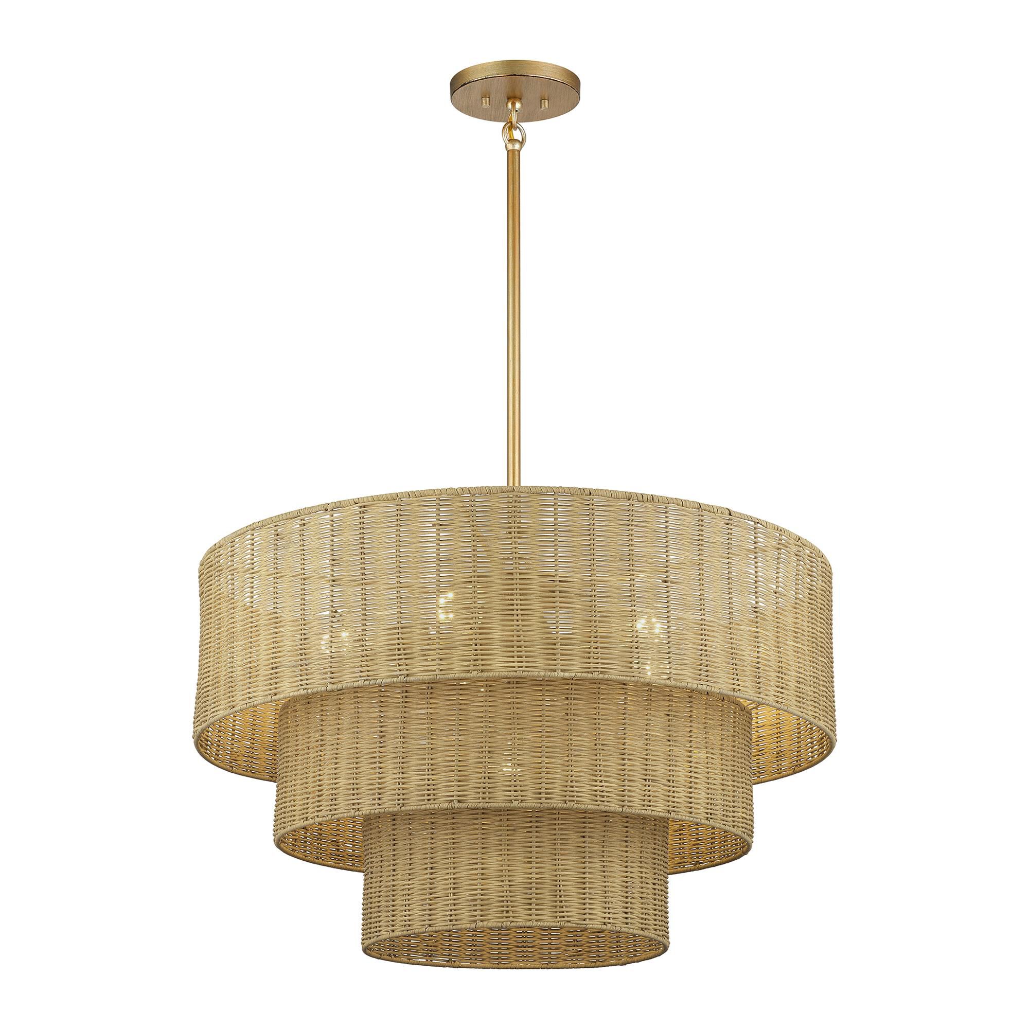 Shown in Antique Gold Leaf finish and Hand-Woven Rustic Walnut Color Rattan shade