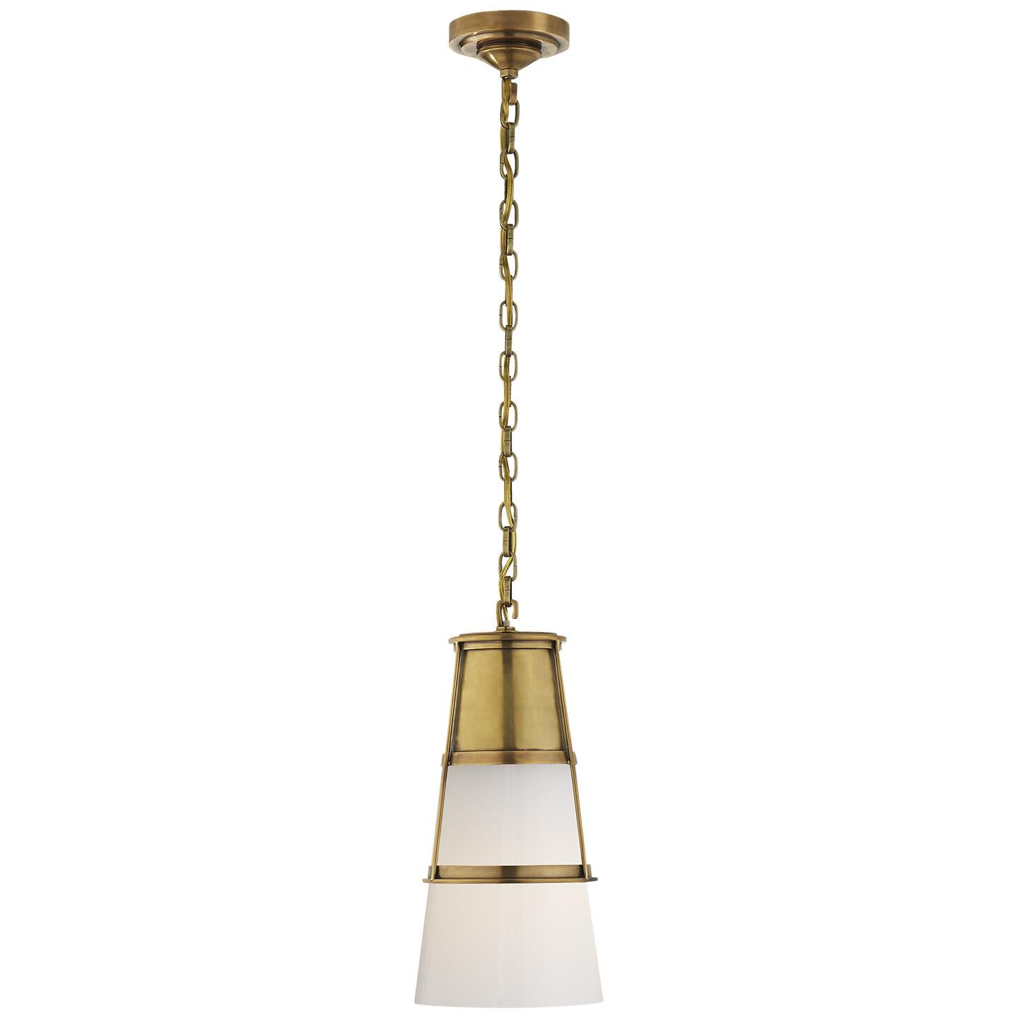 Shown in Hand-Rubbed Antique Brass finish and White glass