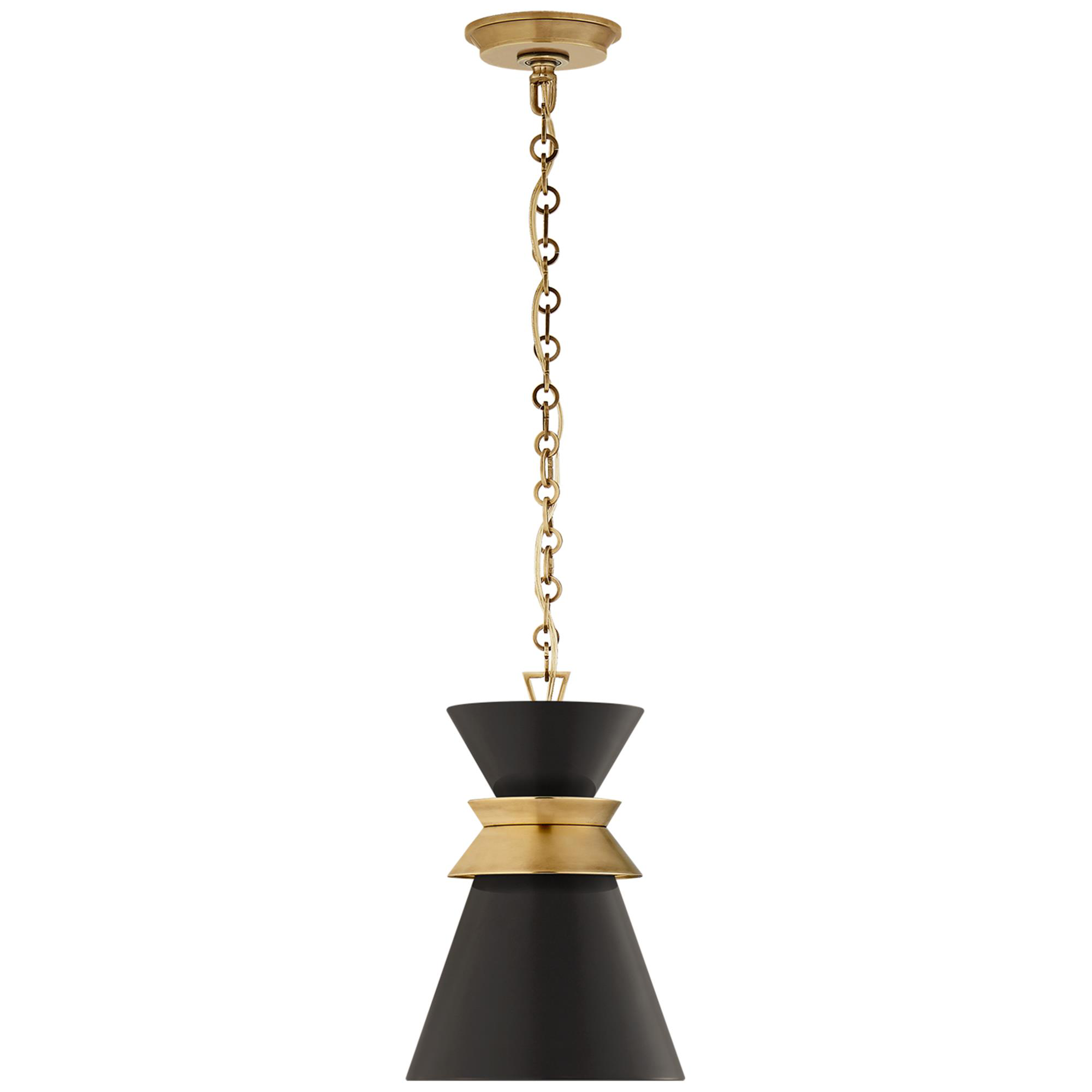 Shown in Antique- Burnished Brass finish and Matte Black shade