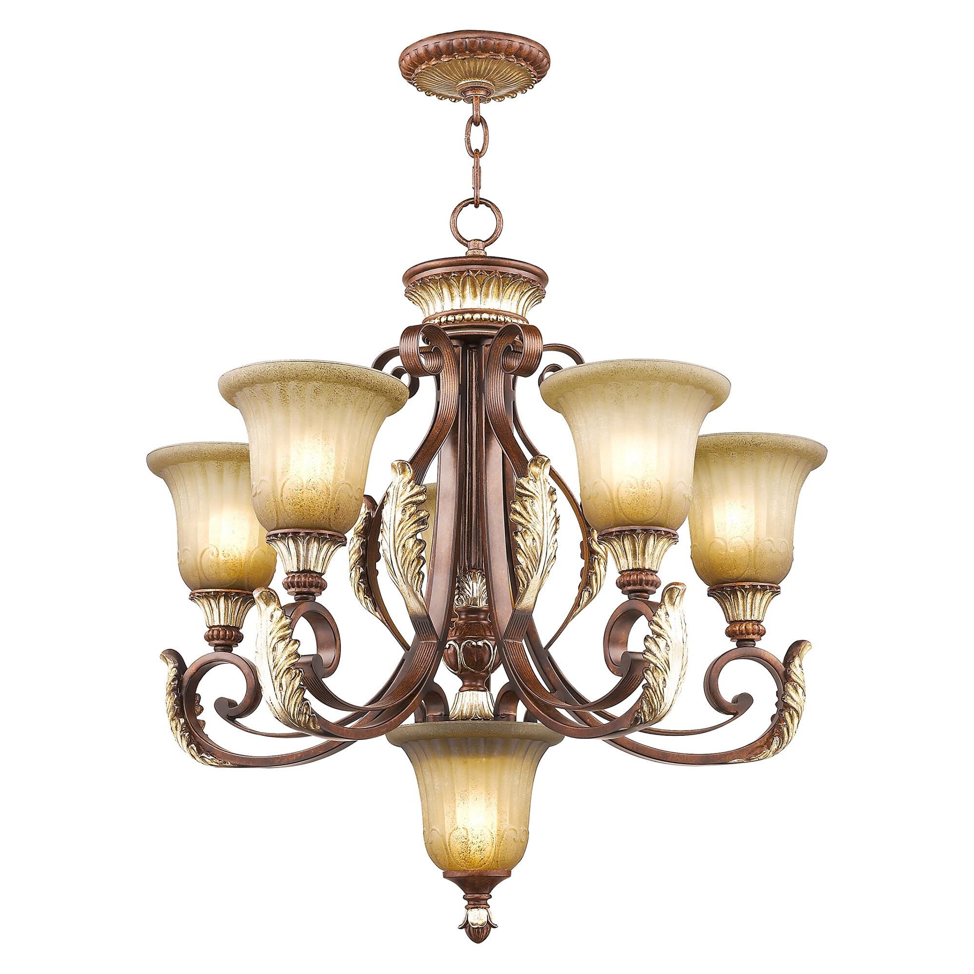 Shown in Verona Bronze-Aged Gold Leaf Accents finish and Rustic Art glass