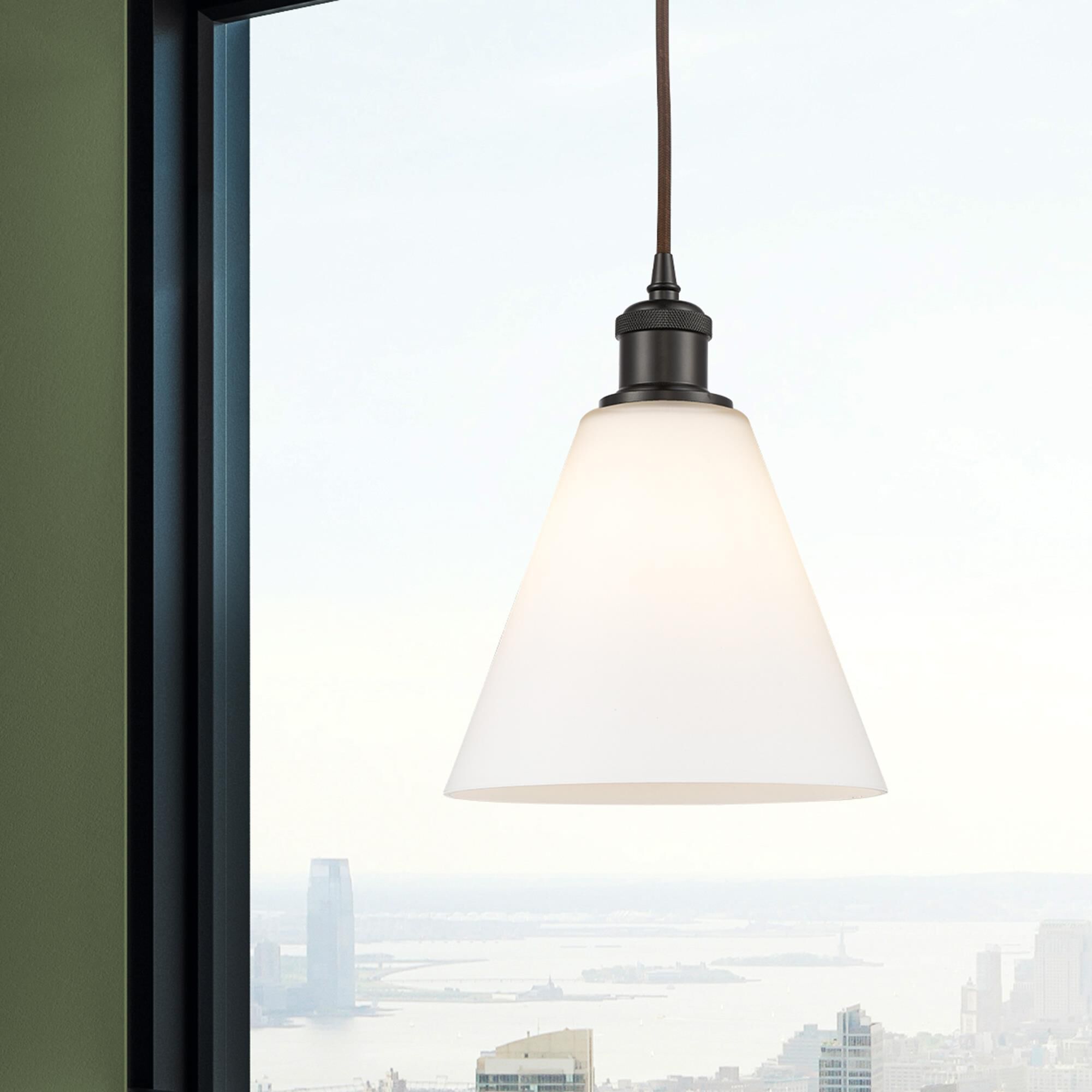Shown in Oil Rubbed Bronze finish and Matte White glass