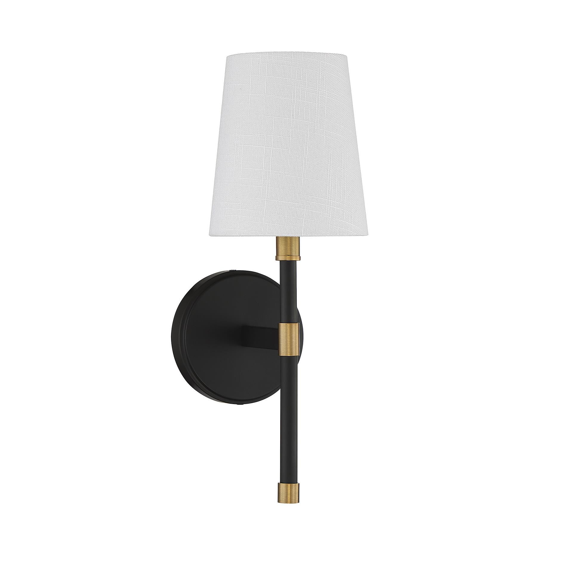 Shown in Matte Black With Warm Brass Accents finish and White Fabric shade