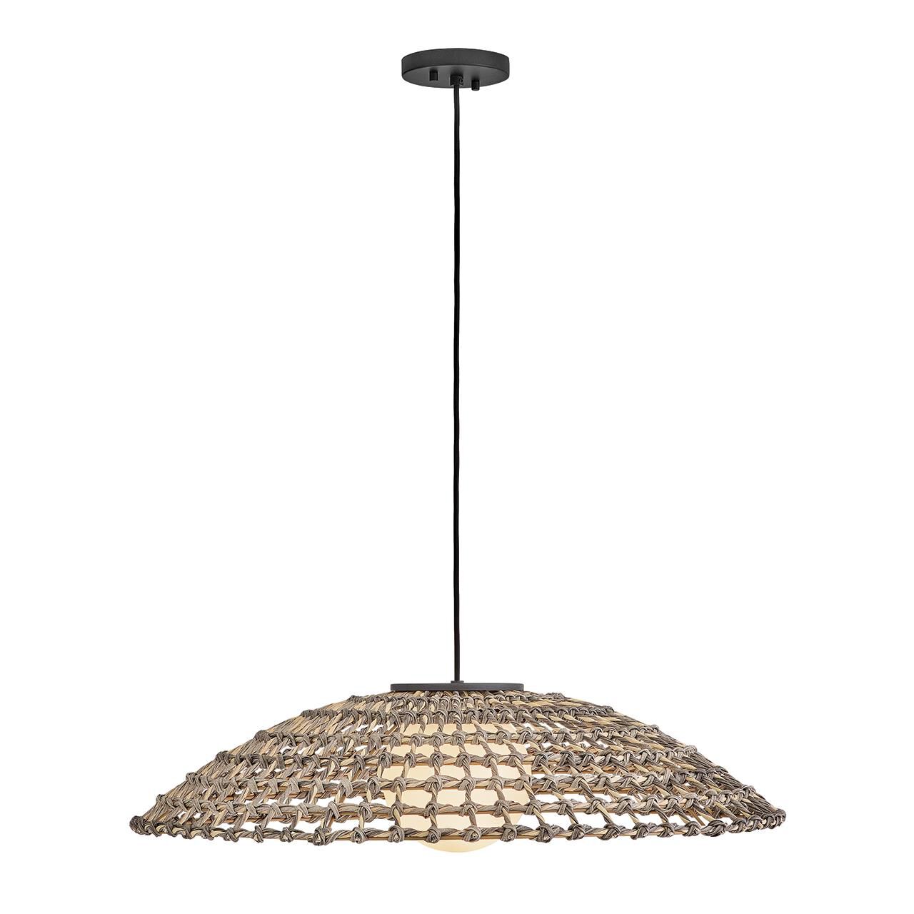 Shown in Black finish and Etched Opal glass and All Weather Rattan shade